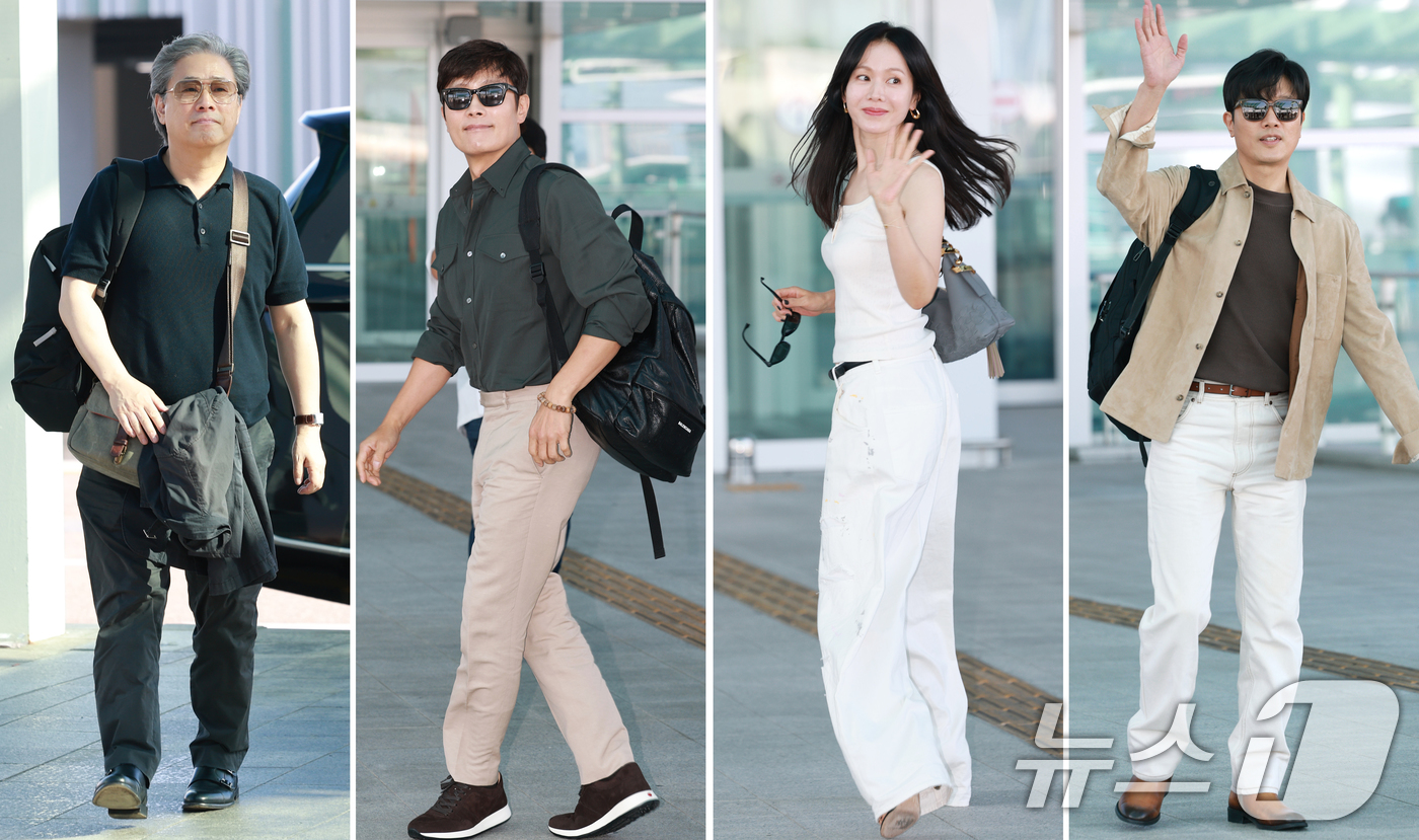 (인천공항=뉴스1) 권현진 기자 = '어쩔수가없다' 박찬욱 감독(왼쪽부터)과 배우 이병헌, 손예진, 박희순이 베니스국제영화제 참석을 위해 27일 오전 인천국제공항을 통해 파리로 출 …