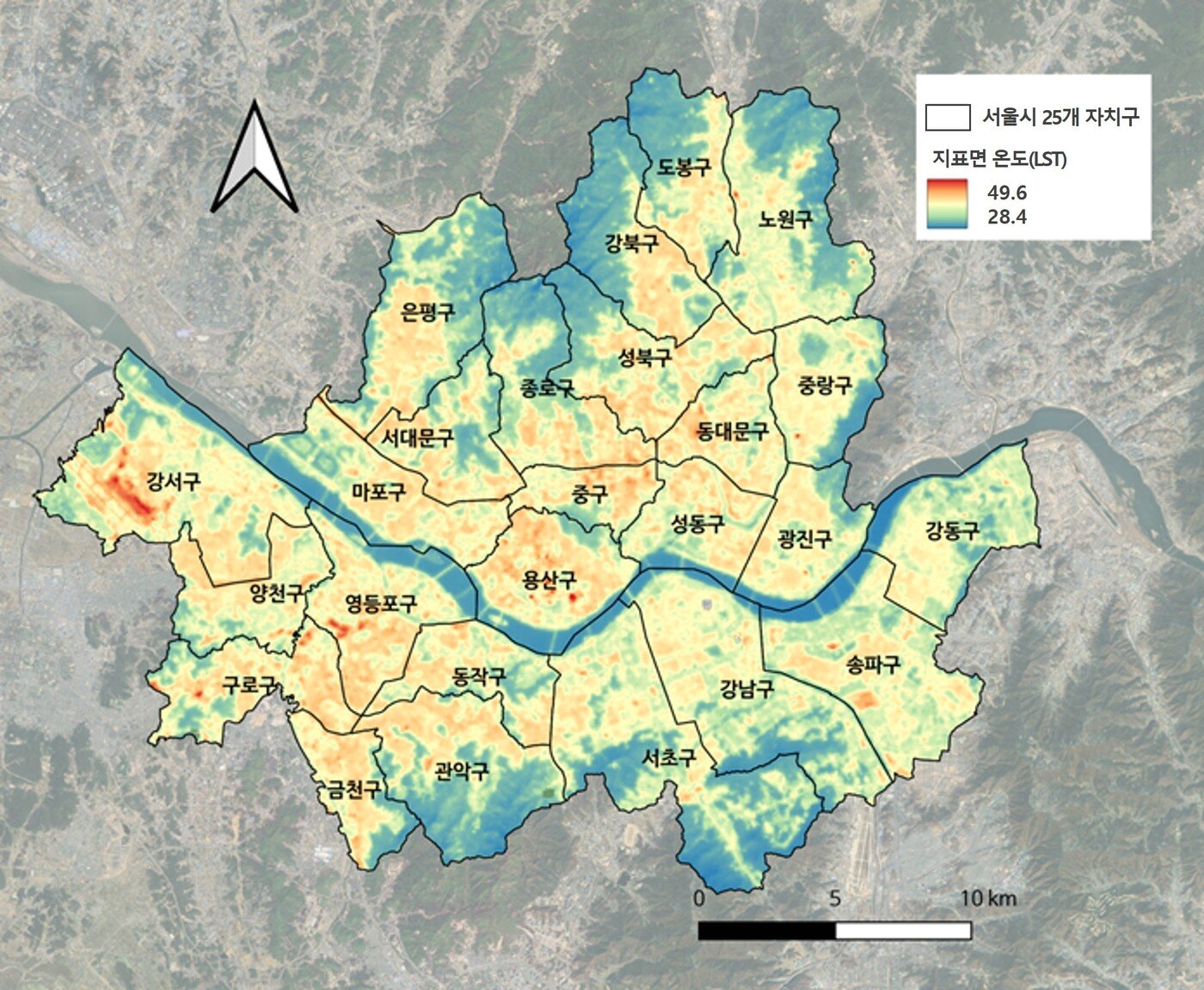 본문 이미지 - 랜샛 영상 분석에 의한 서울시 25개 자치구의 지표면 온도&#40;산림청 국립산림과학원 제공&#41;
