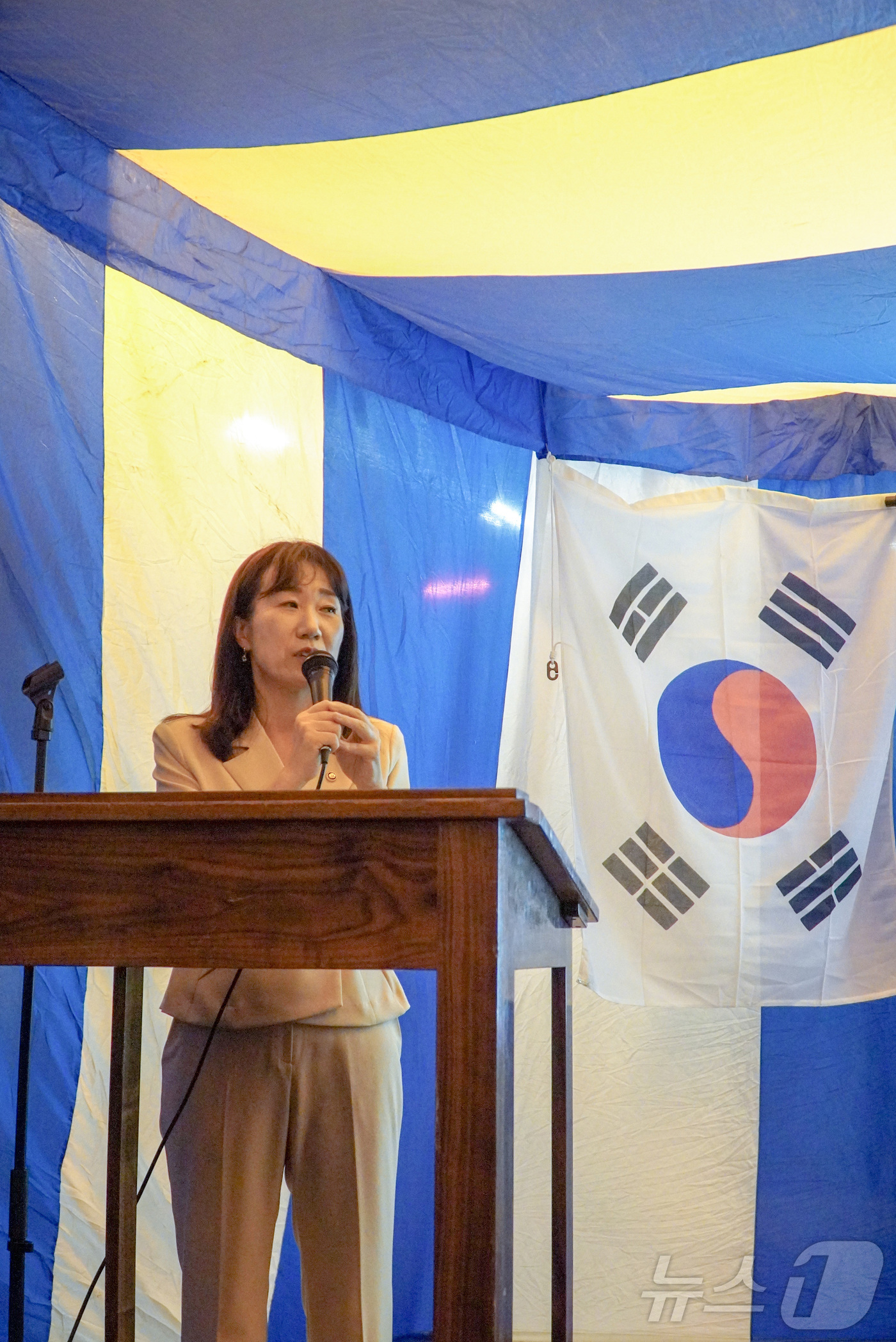 (서울=뉴스1) = 강윤진 국가보훈부 차관이 27일 2029 인빅터스 게임 유치 의지 전달 등을 위해 부산해군기지에 정박되어 있는 영국 HMS 리치몬드함 선상 리셉션에 참석해 기념 …