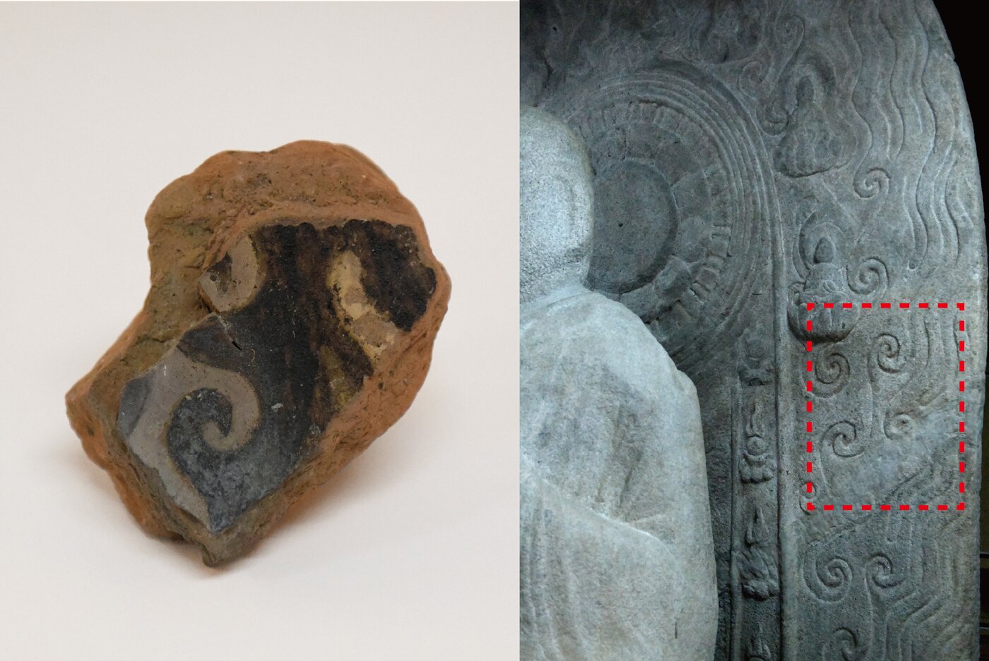 본문 이미지 - 광배 조각(왼쪽)과 익산 연동리 석조여래좌상 광배(국가유산청 제공)