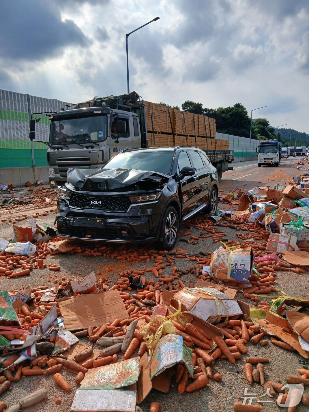 본문 이미지 - 28일 오후 3시 40분쯤 충북 괴산군 연풍면 중부내륙고속도로 양평방향 연풍ic 인근에서 A 씨(40)가 몰던 12톤 화물차가 중앙분리대를 들이받아 화물칸에 실려있던 당근이 도로에 쏟아져있다.(괴산소방서 제공. 재판매 및 DB금지)./뉴스1