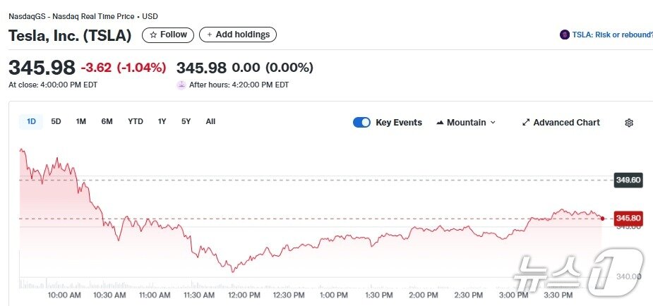 본문 이미지 - 테슬라 일일 주가추이 - 야후 파이낸스 갈무리