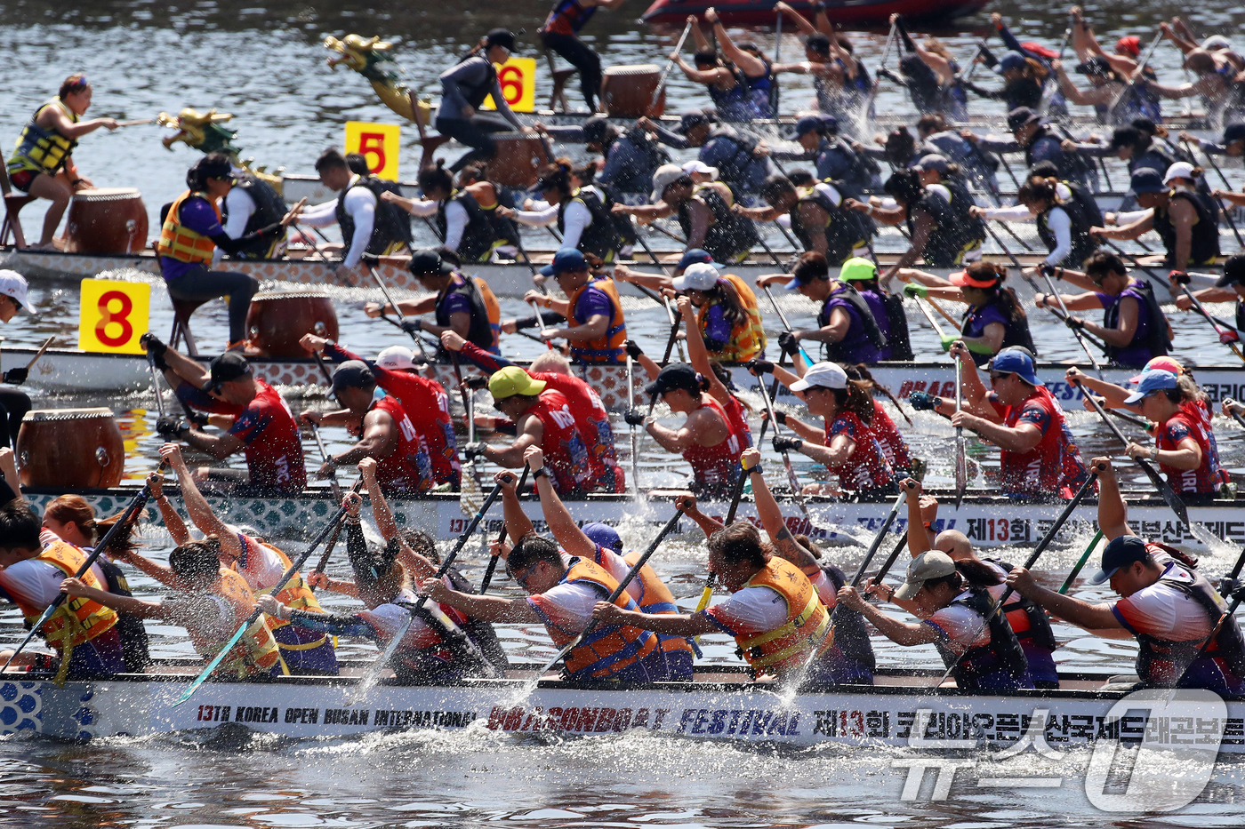 (부산=뉴스1) 윤일지 기자 = 29일 부산 수영강 APEC 나루공원 일원에서 열린 제13회 코리아오픈 부산국제드래곤보트대회에서 각국 선수들이 힘차게 노를 저으며 질주하고 있다.3 …