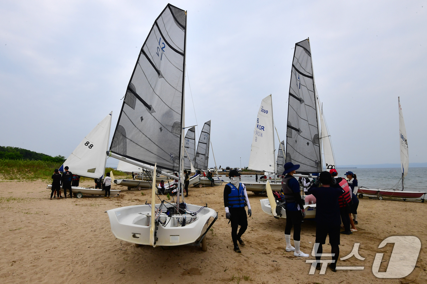 (포항=뉴스1) 최창호 기자 = 3일 오후 경북 포항시 북구 흥해읍 죽천리 해수욕장에서 '제8회 대한민국 대학생 요트 대제전'에 참여한 선수들이 본 대회를 앞두고 연습을 하고 있다 …