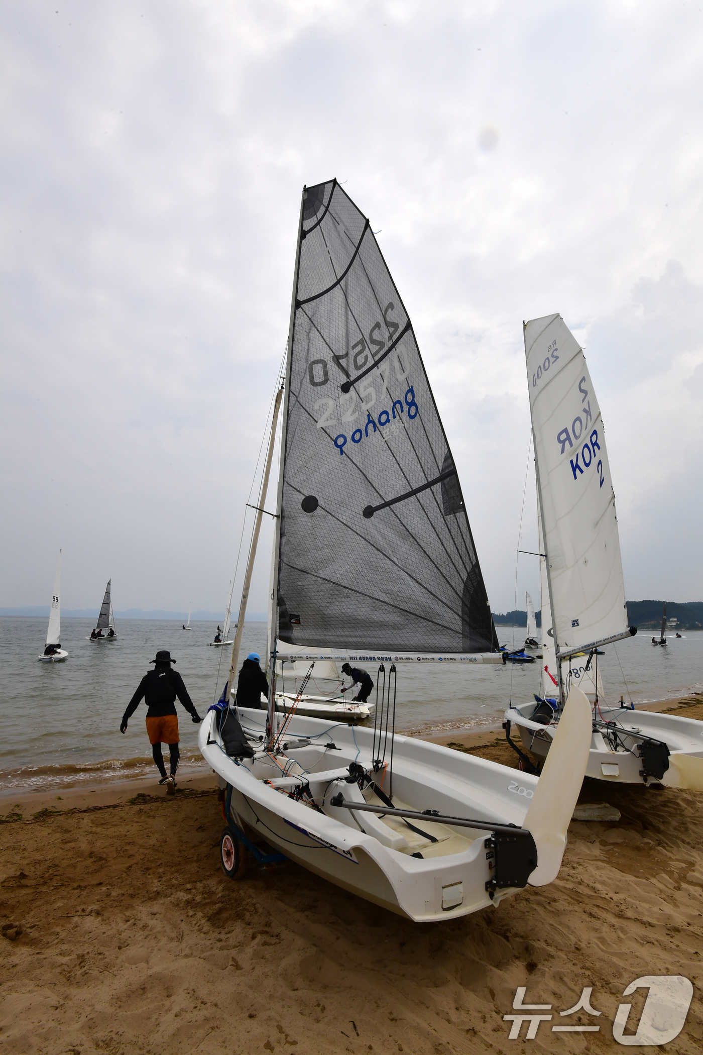 (포항=뉴스1) 최창호 기자 = 3일 오후 경북 포항시 북구 흥해읍 죽천리 해수욕장에서 '제8회 대한민국 대학생 요트 대제전'에 참여한 선수들이 본 대회를 앞두고 연습을 하고 있다 …