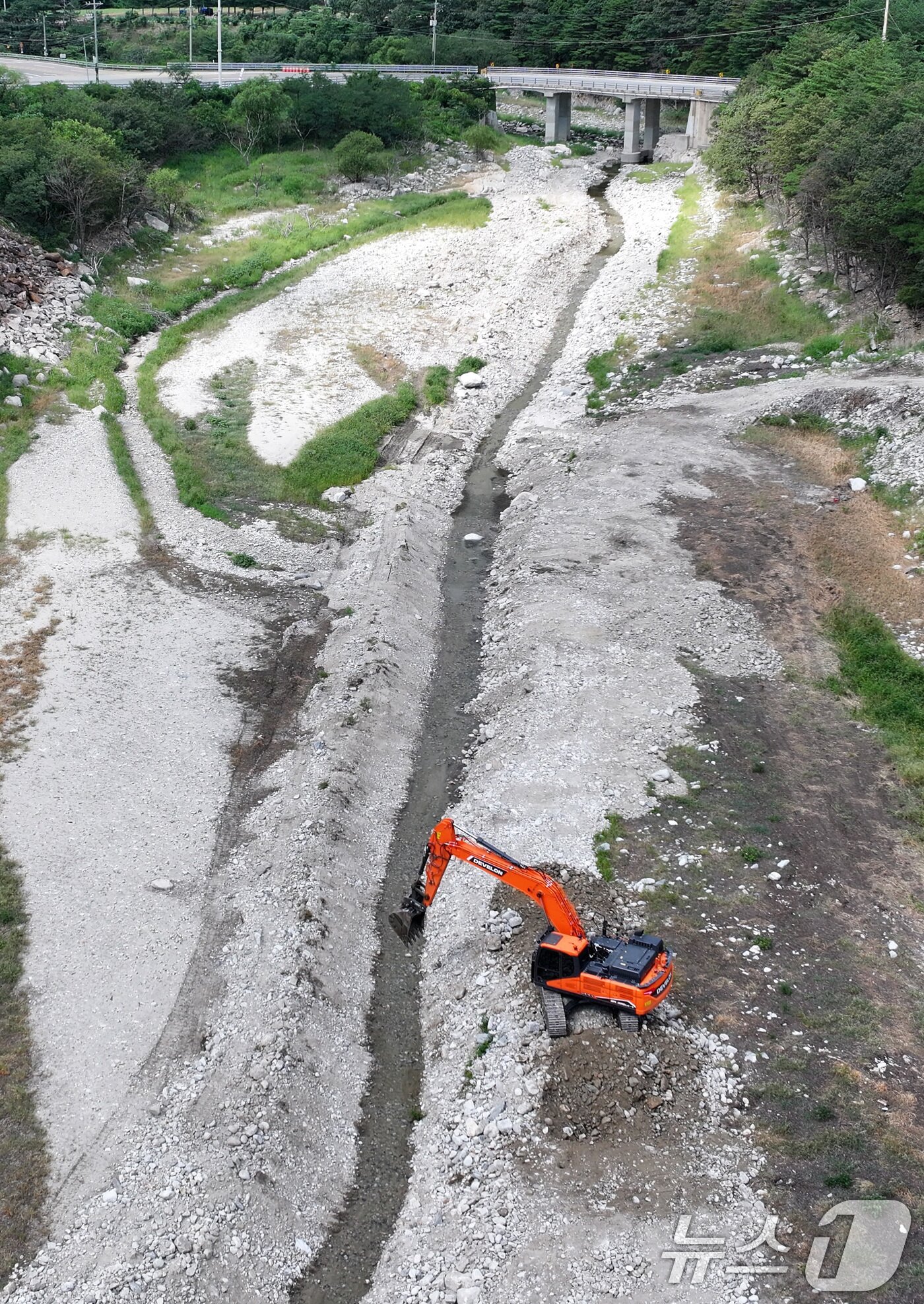 본문 이미지 - 31일 강원 강릉시 주요 상수원인 오봉저수지 상류에서 한 관계자가 포크레인으로 물길을 내고 있다. 2025.8.31/뉴스1 ⓒ News1 김성진 기자