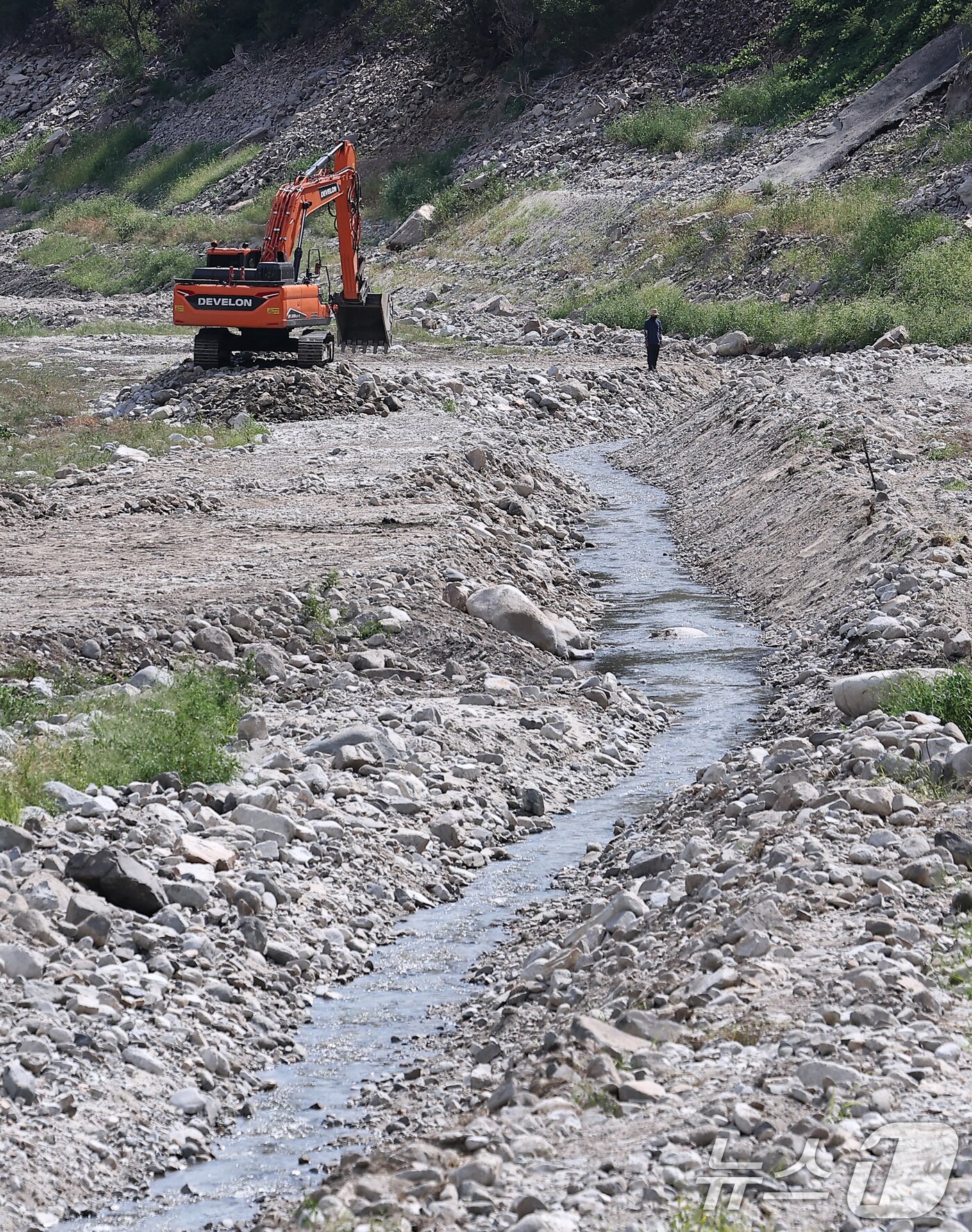 본문 이미지 -  31일 강원 강릉시 주요 상수원인 오봉저수지 상류에서 한 관계자가 포클레인으로 물길을 내고 있다. 2025.8.31/뉴스1 ⓒ News1 김성진 기자