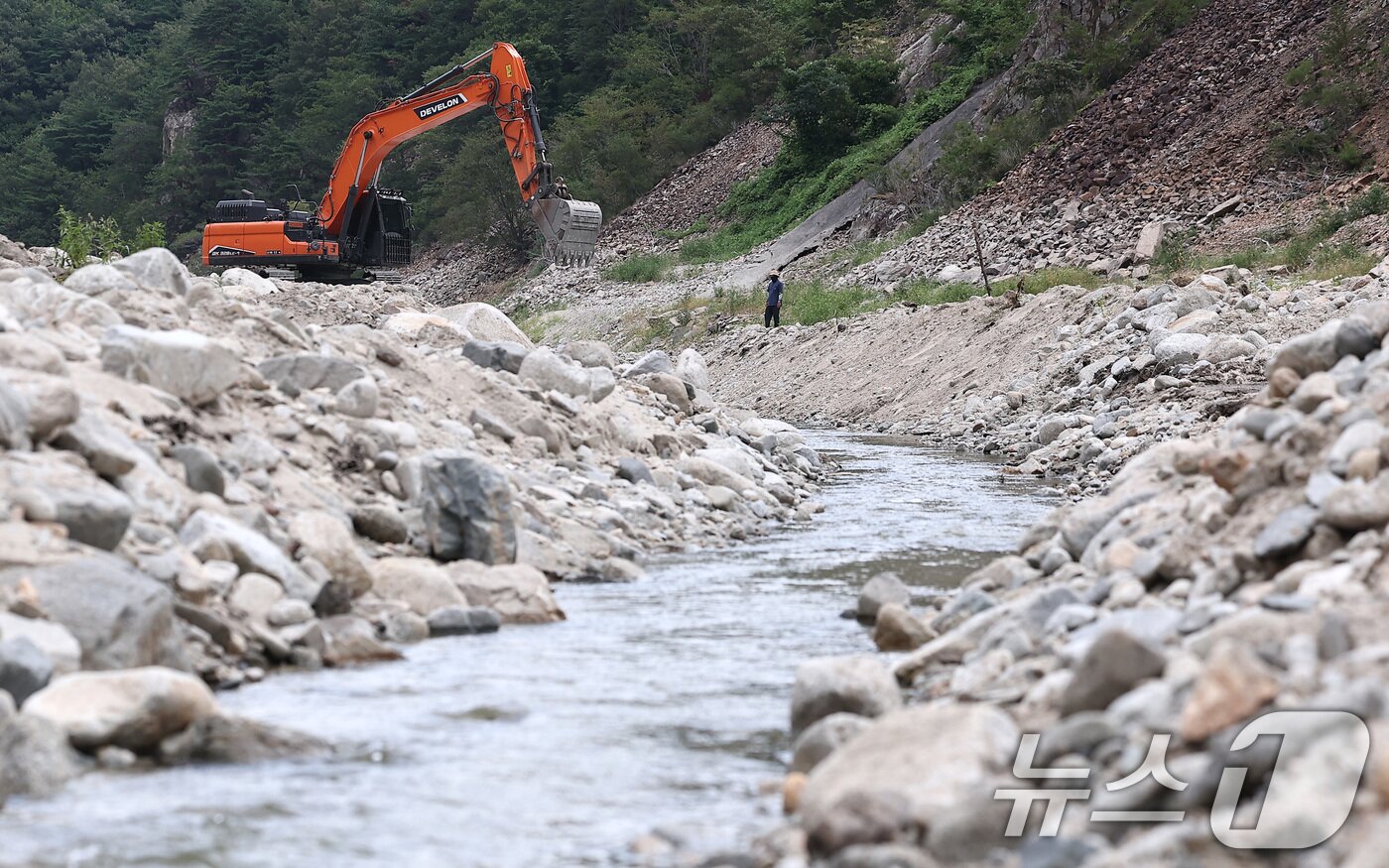 본문 이미지 -  8월 31일 강원 강릉시 주요 상수원인 오봉저수지 상류에서 한 관계자가 포클레인으로 물길을 내고 있다. 2025.8.31/뉴스1 ⓒ News1 김성진 기자