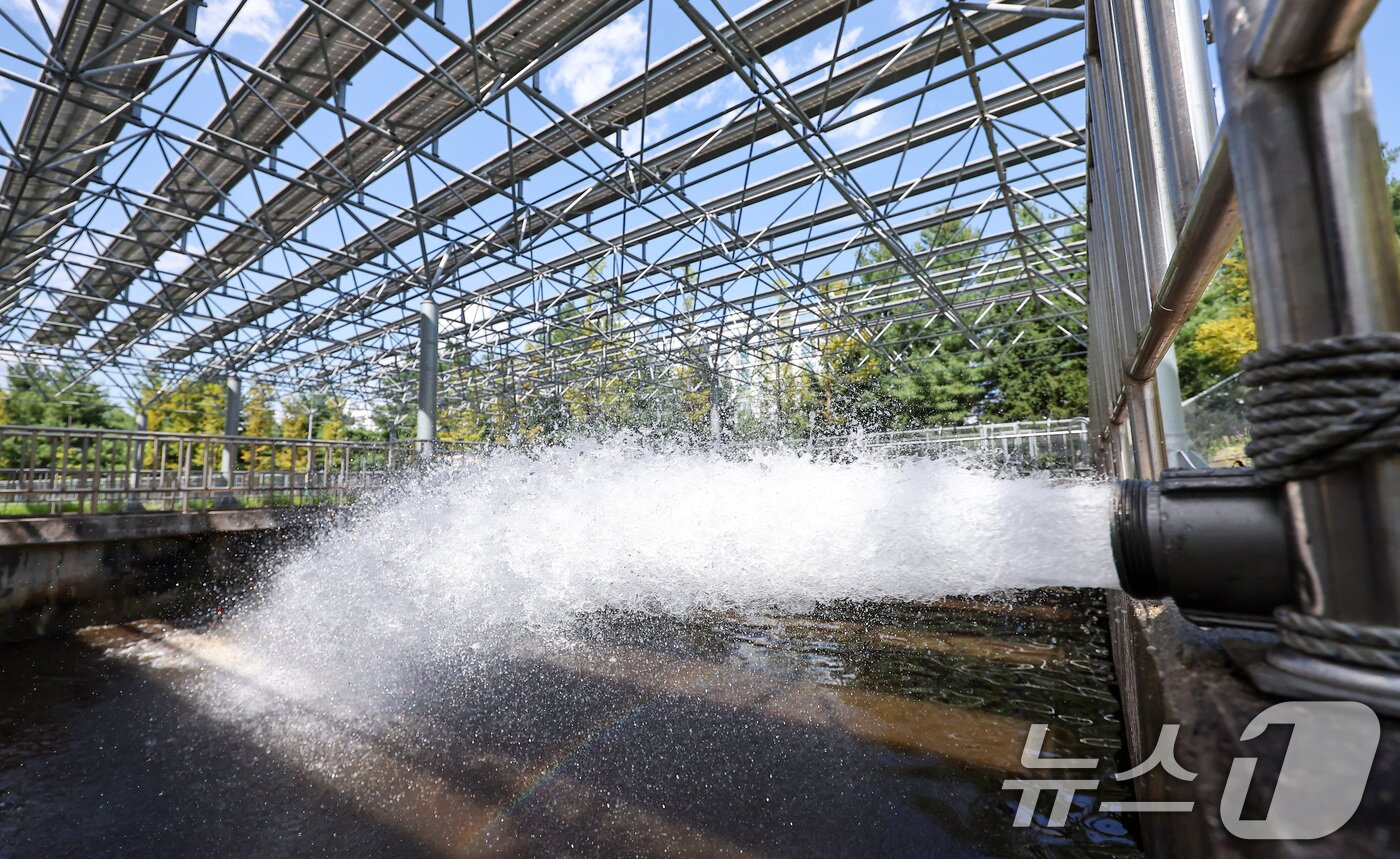 본문 이미지 - 31일 강원 강릉시 홍제정수장에서 전국에서 달려온 소방차들이 급수하고 있다. 2025.8.31/뉴스1 ⓒ News1 김성진 기자