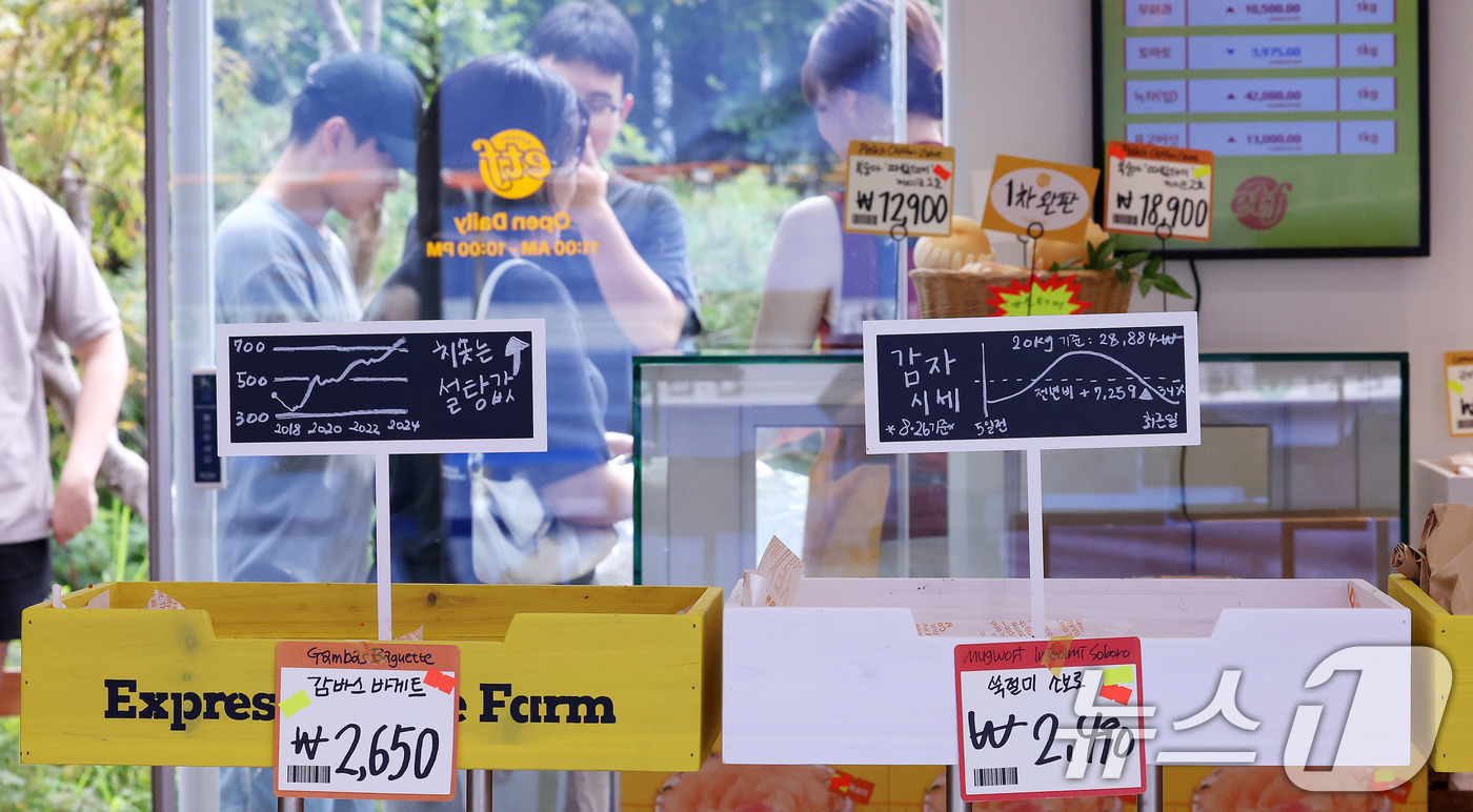 (서울=뉴스1) 박지혜 기자 = 31일 서울 성동구 글로우 성수에 연 경제유튜버 슈카의 ETF 베이커리 팝업 스토어 메뉴판에 재료 시세 그래프가 표시돼 있다.'ETF 베이커리'는 …