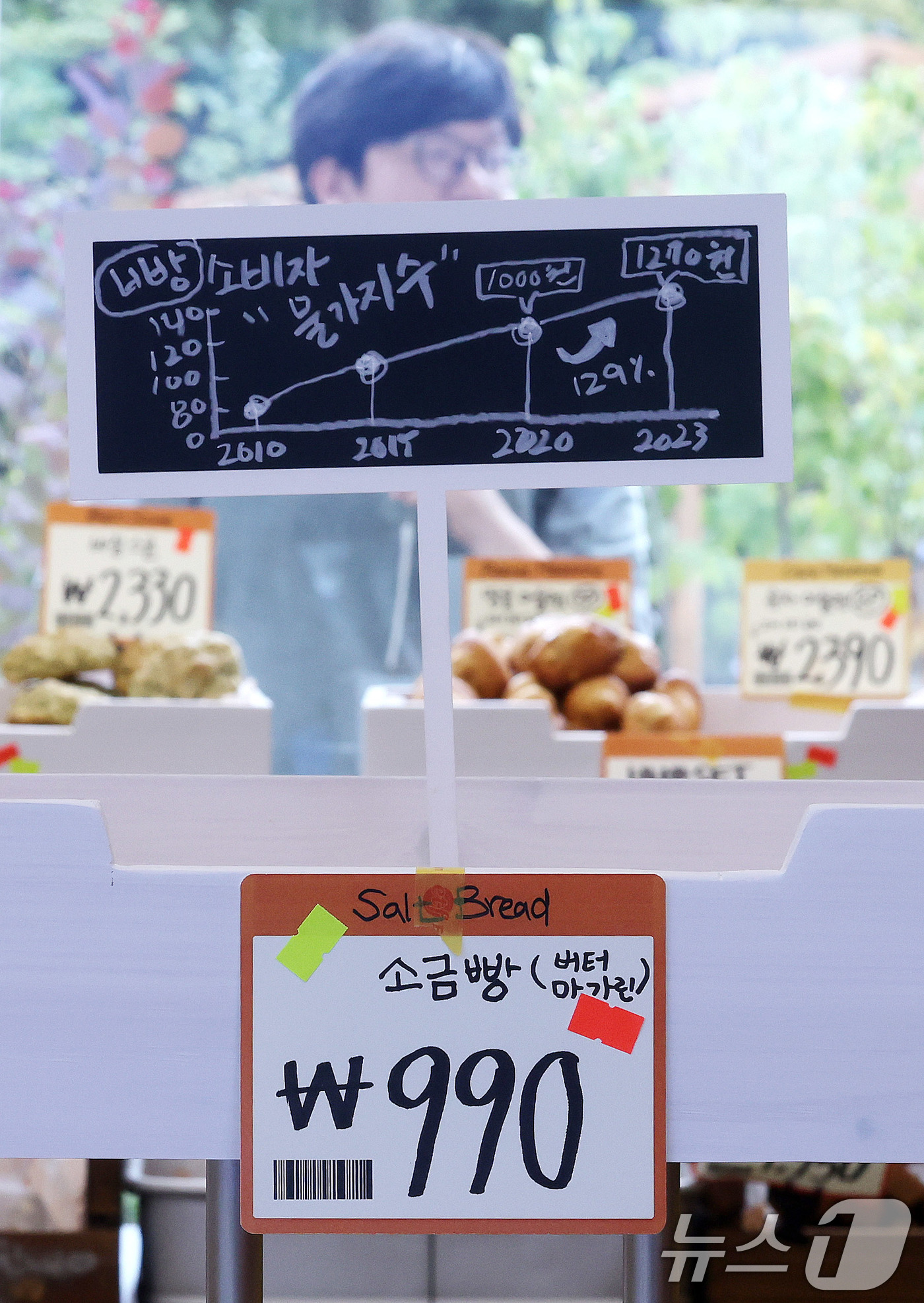 (서울=뉴스1) 박지혜 기자 = 31일 서울 성동구 글로우 성수에 연 경제유튜버 슈카의 ETF 베이커리 팝업 스토어 메뉴판에 빵 소비자 물가지수 그래프가 표시돼 있다.'ETF 베이 …