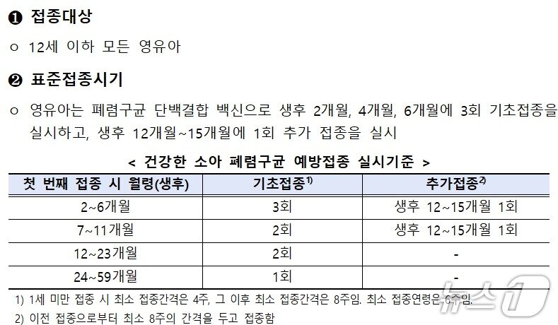 본문 이미지 - 소아 폐렴구균 예방접종 실시기준(질병청 제공) 2025.8.4/뉴스1