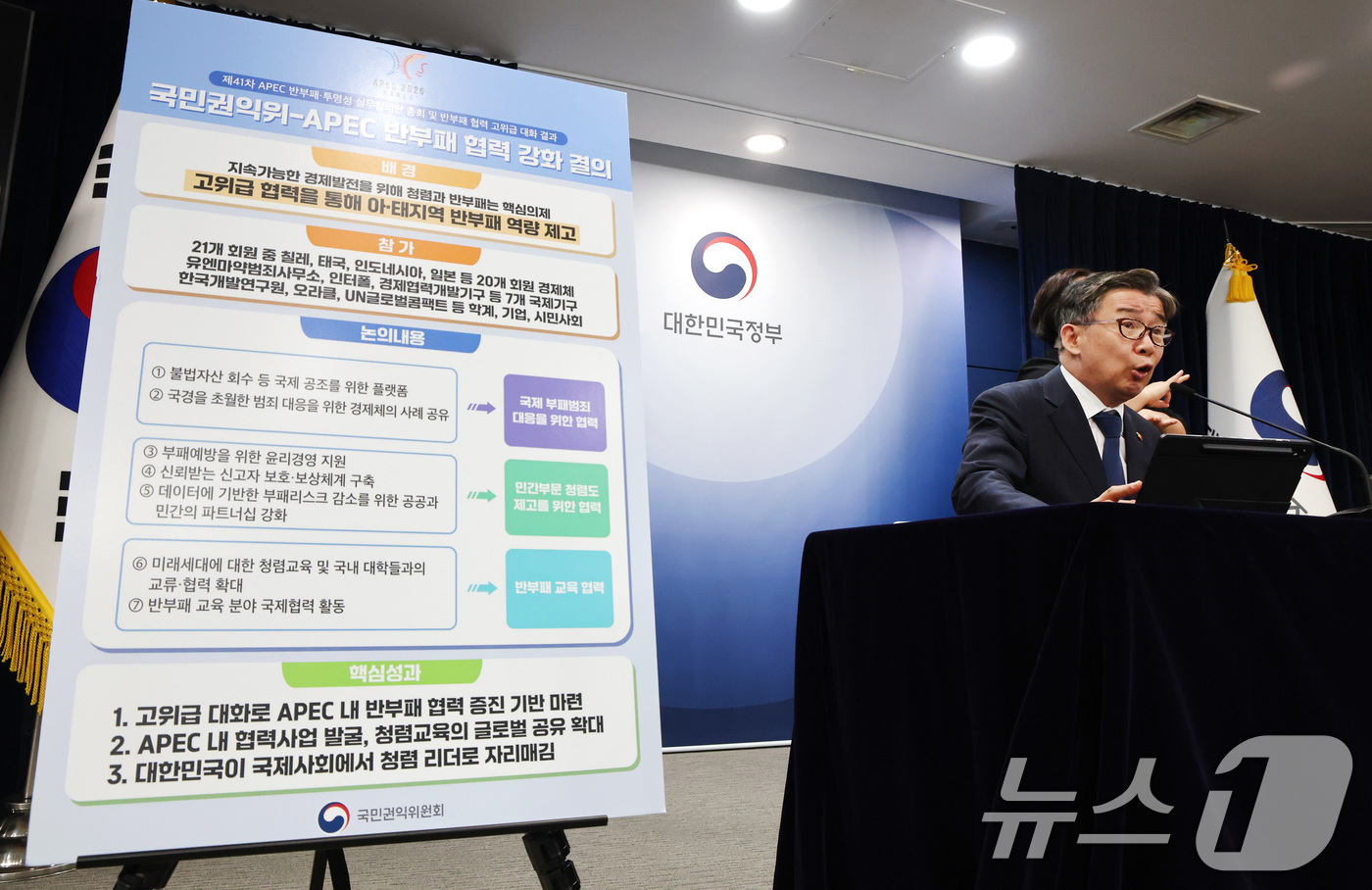 (서울=뉴스1) 임세영 기자 = 유철환 국민권익위원장이 4일 오전 서울 종로구 정부서울청사에서 APEC 반부패·투명성 실무협의단 총회 등 관련 주요 성과를 보고 하고 있다. 202 …