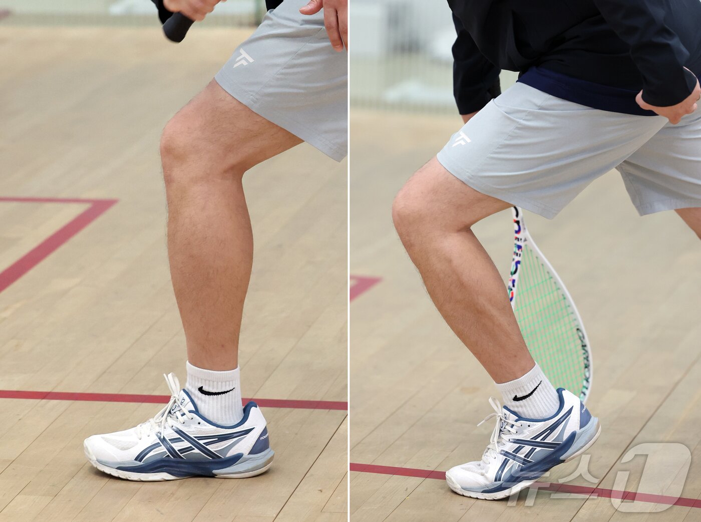 본문 이미지 - 김승욱 스쿼시 지도자가 4일 인천 부평구 열우물스쿼시경기장에서 뉴스1과 인터뷰에 앞서 스쿼시 런지의 올바른 자세&#40;왼쪽&#41;와 잘못된 자세를 설명하고 있다. 2025.8.4/뉴스1 ⓒ News1 황기선 기자