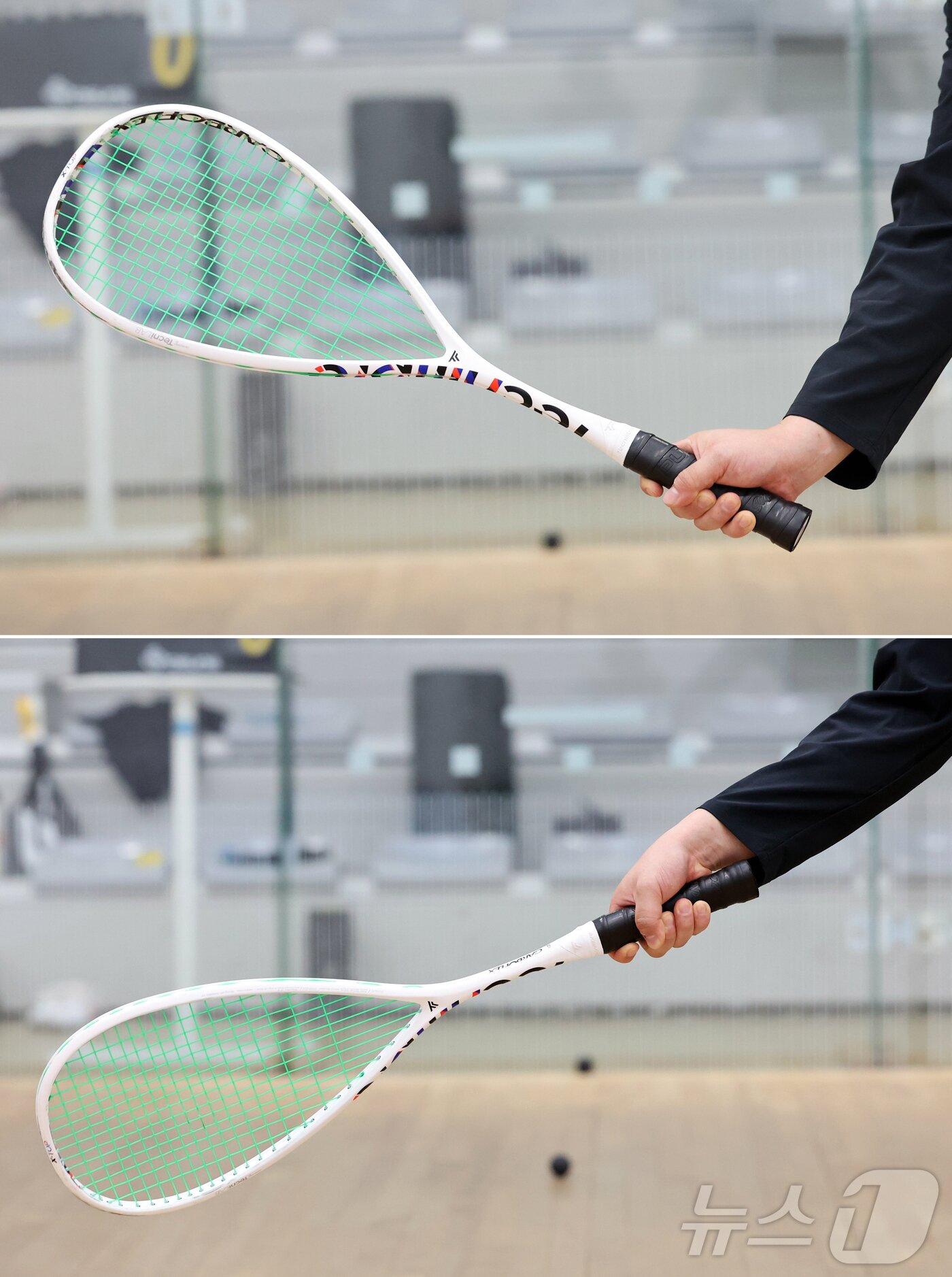 본문 이미지 - 김승욱 스쿼시 지도자가 4일 인천 부평구 열우물스쿼시경기장에서 뉴스1과 인터뷰에 앞서 스쿼시 포핸드의 올바른 자세&#40;윗쪽&#41;와 잘못된 자세를 설명하고 있다. 2025.8.4/뉴스1 ⓒ News1 황기선 기자