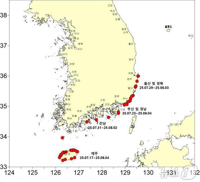 본문 이미지 - 푸른우산관해파리 출현 해역 및 시기(국립수산과학원 제공)
