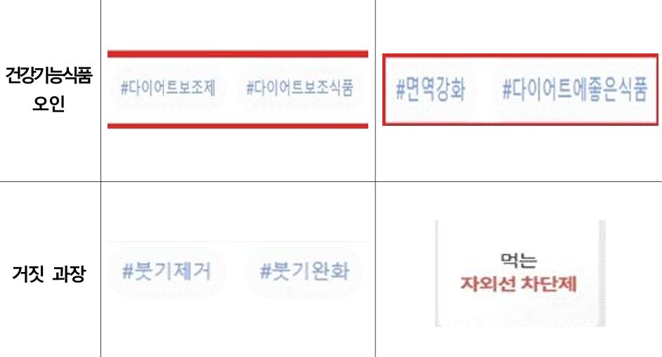 본문 이미지 - 식품의약품안전처가 제시한 식품 관련 과대 과장광고 사례.(식약처 제공)