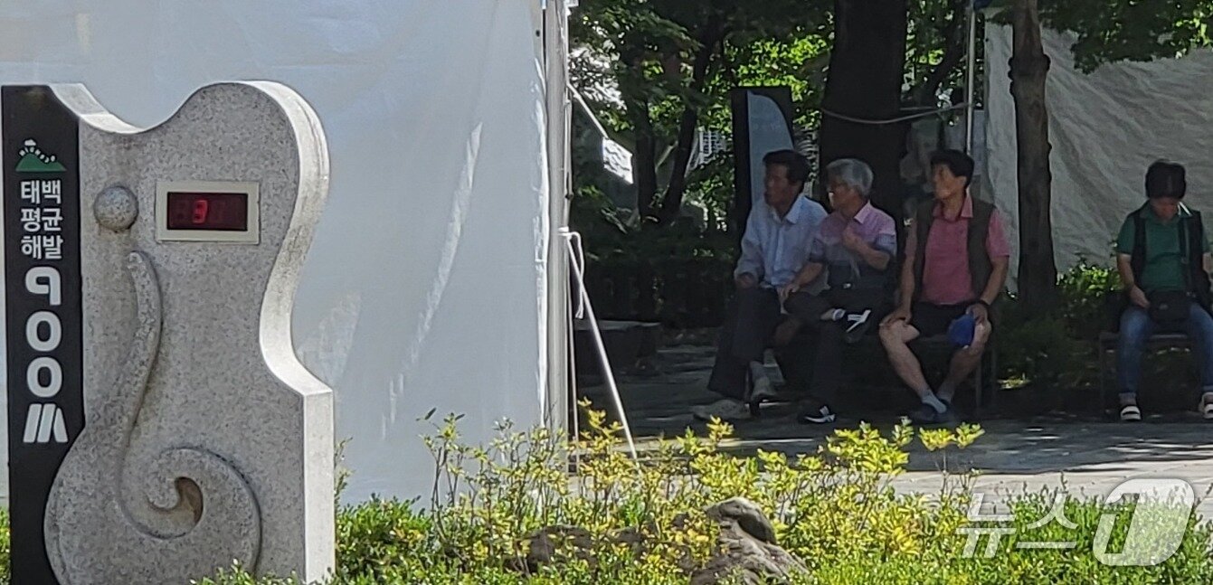 본문 이미지 - 5일 낮 강원 태백시 황지연못 주변에서 시민들이 벤치에 앉아 휴식을 취하고 있다. 2025.8.5/신관호 기자