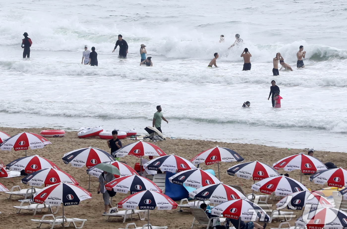 (부산=뉴스1) 윤일지 기자 = 6일 오후 부산 해운대해수욕장을 찾은 피서객들이 물놀이를 즐기고 있다. 2025.8.6/뉴스1