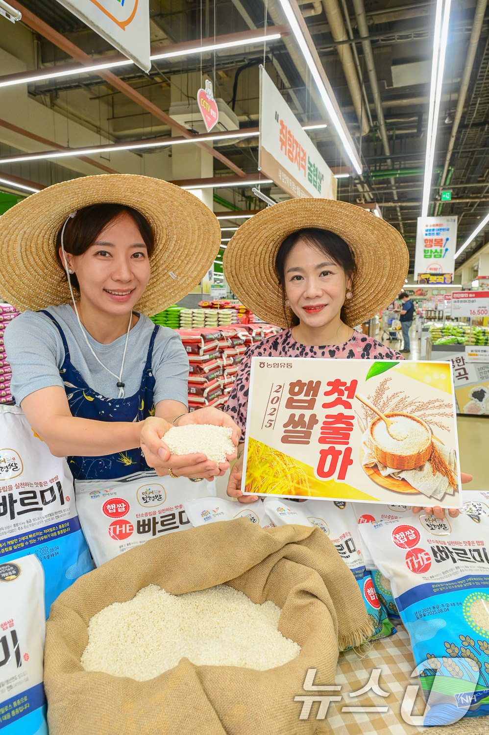 (서울=뉴스1) = 농협유통은 입추인 7일 2025년 처음 수확한 햅쌀을 선보이며 쌀 소비 촉진에 앞장선다고 밝혔다.모델들이 7일 서울 서초구 농협유통 하나로마트 양재점에서 올해 …