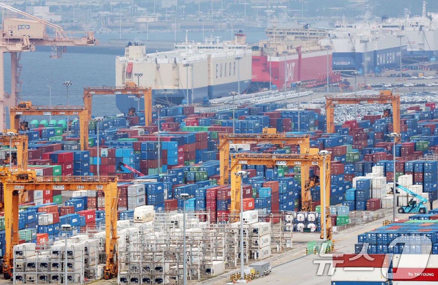 본문 이미지 -  경기 평택시 포승읍 평택항에 수출용 컨테이너가 쌓여있는 모습. 2025.8.7/뉴스1 ⓒ News1 김영운 기자