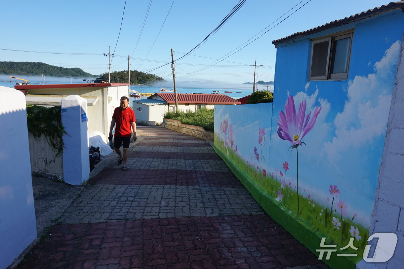 본문 이미지 -  보도블록이 깔린 나배마을 안길.  건너편으로 보이는 섬이 &#39;꽃섬&#39;이라고 불리는 소나배도이다. 2025.8.8/뉴스1 ⓒ News1 조영석 기자