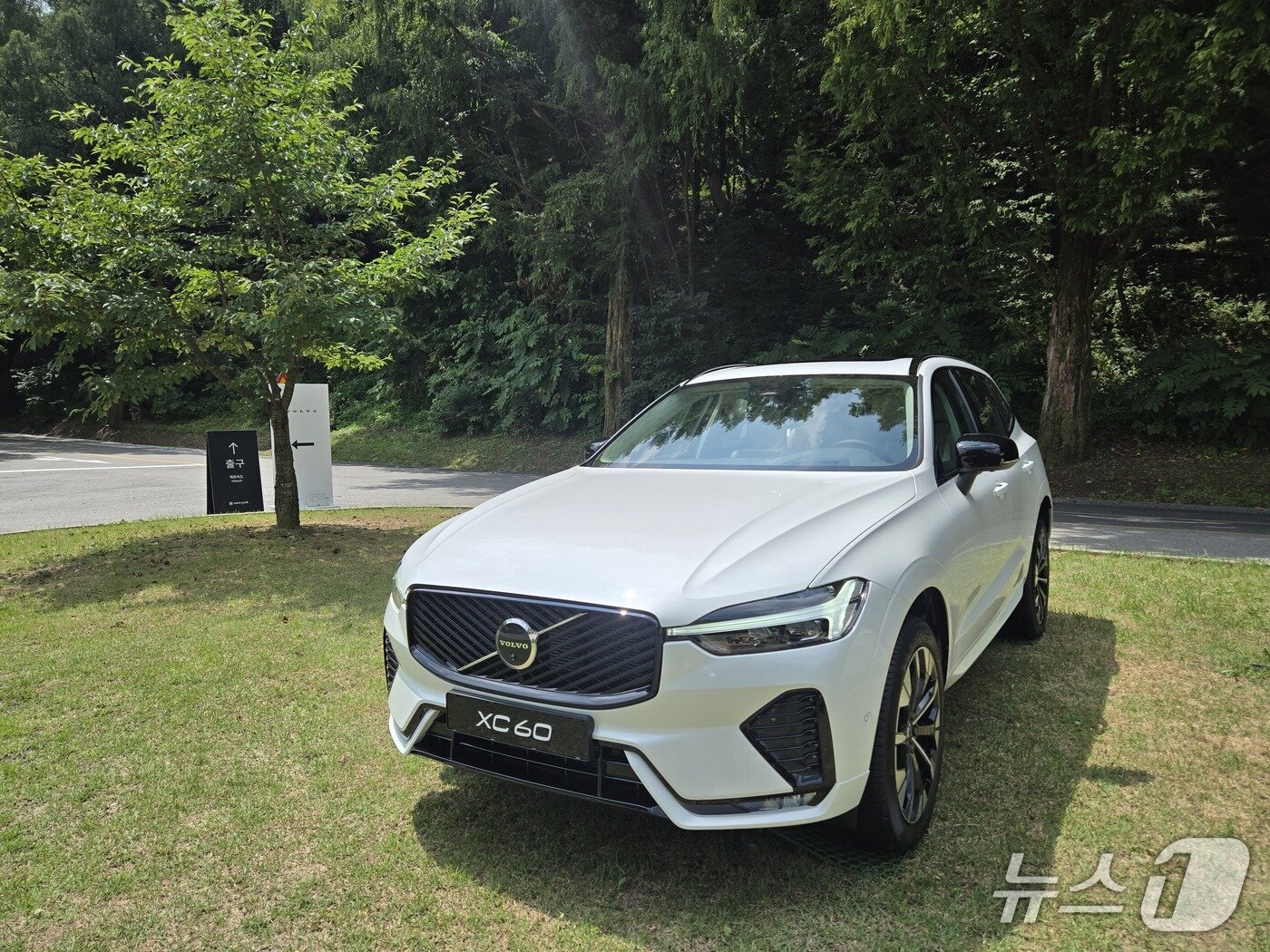 본문 이미지 - 다크 테마가 적용된 XC60 B5 AWD 울트라 트림으로, 프런트 그릴 테두리와 도어 가장자리까지 크롬이 아닌 블랙 하이그로시로 처리됐다. 2025.08.05/뉴스1 김성식 기자