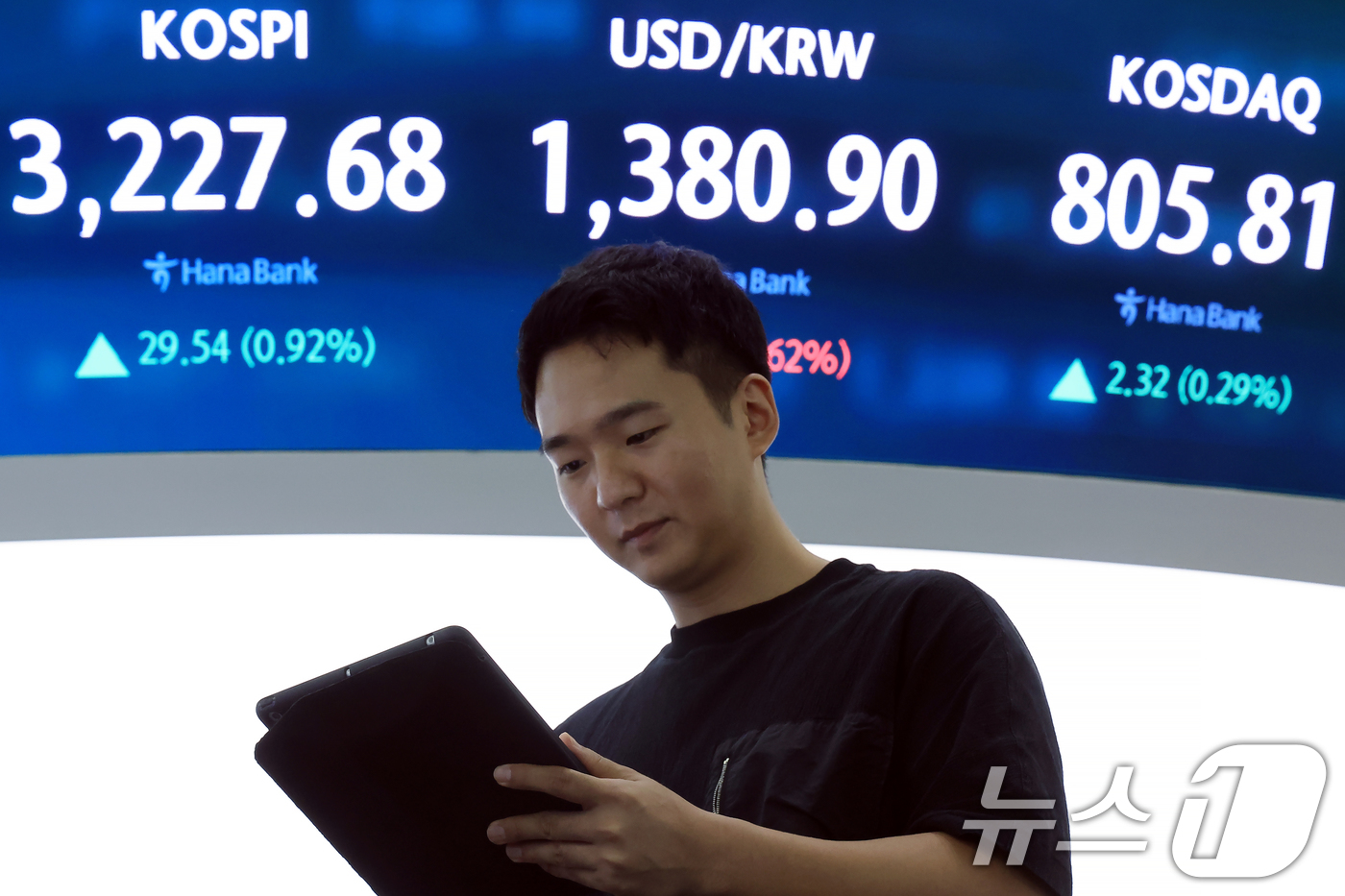 (서울=뉴스1) 박정호 기자 = 7일 오후 서울 중구 하나은행 본점 딜링룸 전광판에 증시가 표시되고 있다.이날 코스피는 전 거래일 대비 29.54포인트(0.92%) 상승한 3227 …