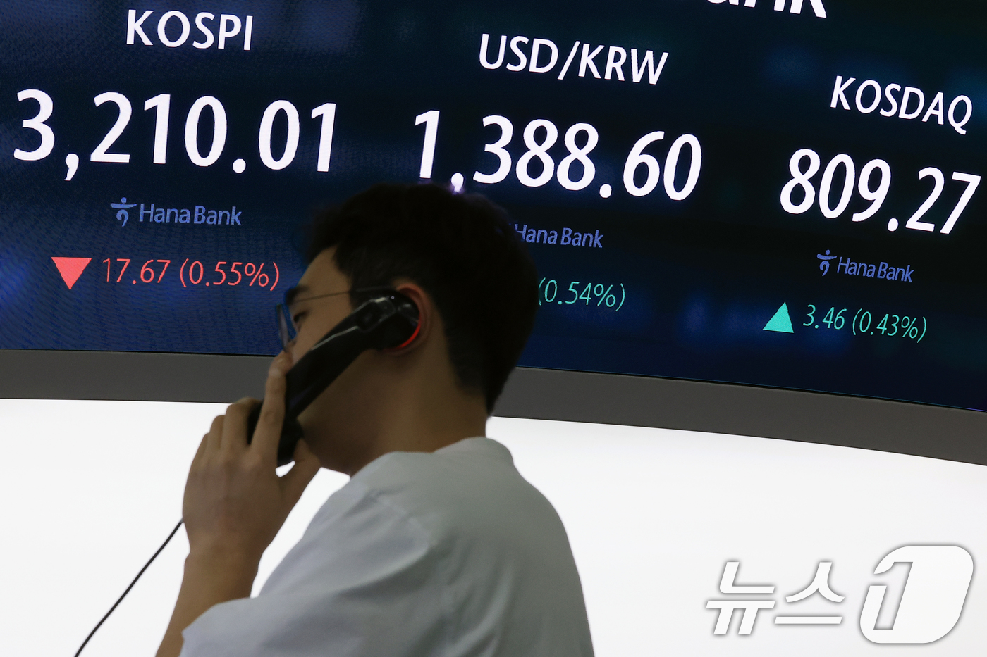 (서울=뉴스1) 박정호 기자 = 외국인과 기관이 매도세를 보인 8일 오후 서울 중구 하나은행 본점 딜링룸 전광판에 증시가 표시되고 있다.이날 코스피는 전 거래일 대비 17.67포인 …