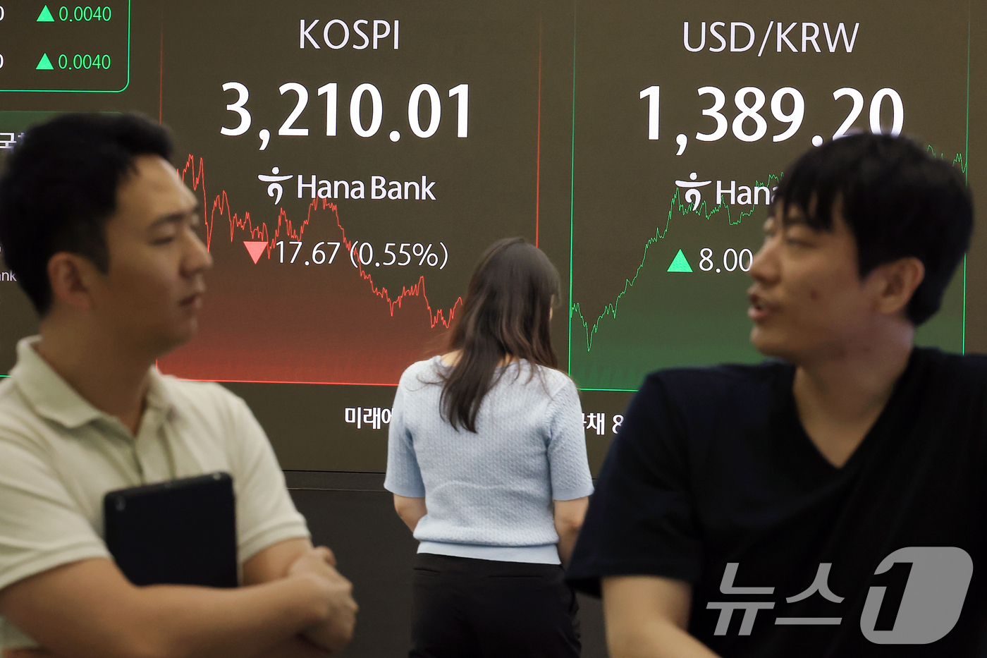 (서울=뉴스1) 박정호 기자 = 외국인과 기관이 매도세를 보인 8일 오후 서울 중구 하나은행 본점 딜링룸 전광판에 증시가 표시되고 있다.이날 코스피는 전 거래일 대비 17.67포인 …