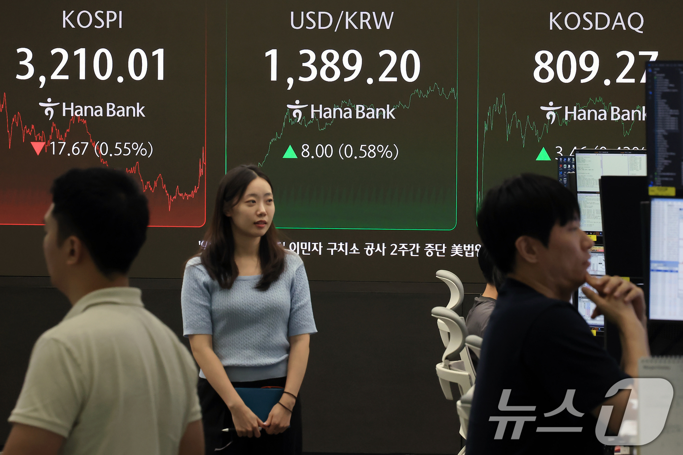 (서울=뉴스1) 박정호 기자 = 외국인과 기관이 매도세를 보인 8일 오후 서울 중구 하나은행 본점 딜링룸 전광판에 증시가 표시되고 있다.이날 코스피는 전 거래일 대비 17.67포인 …