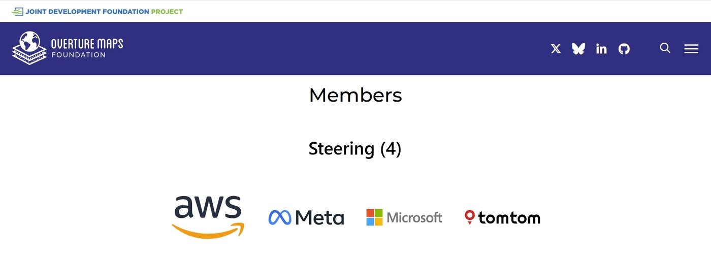 본문 이미지 - '오버추어 지도 재단'(Overture Maps Foundation)과 소속 기업 목록 (오버추어 지도 재단 공식 홈페이지 갈무리)