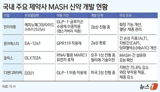 본문 이미지 - 국내 주요 제약사 MASH 신약 개발 현황.&#40;각 사 제공&#41;/뉴스1 김지영 디자이너