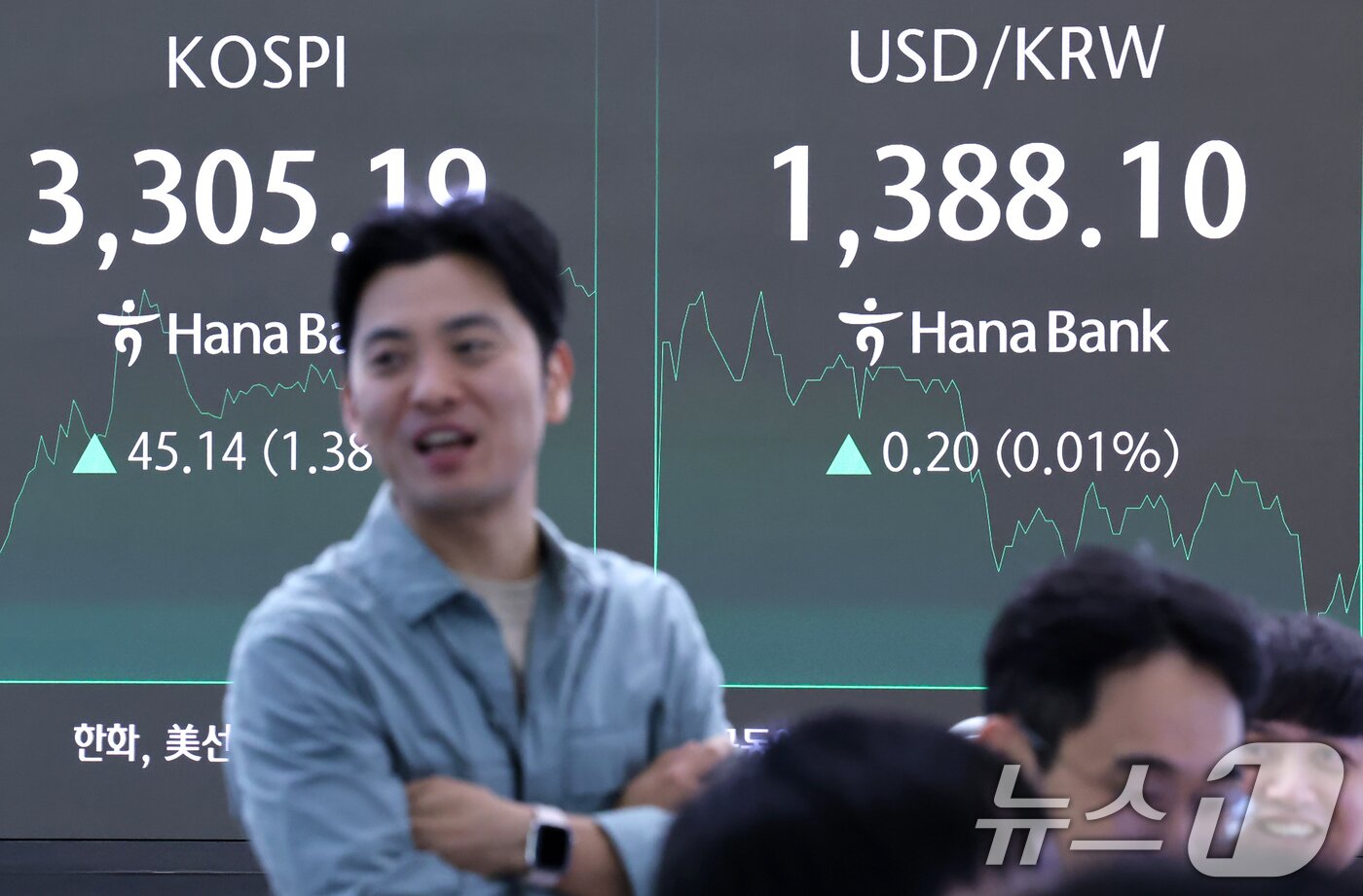 본문 이미지 - 10일 오전 서울 중구 하나은행 딜링룸 전광판에 코스피가 3,300을 돌파하고 있다. 코스피가 장중3,300을 넘어선 건 지난 2021년 7월 6일 이후 약 4년 2개월 만이다. 2025.9.10/뉴스1 ⓒ News1 장수영 기자
