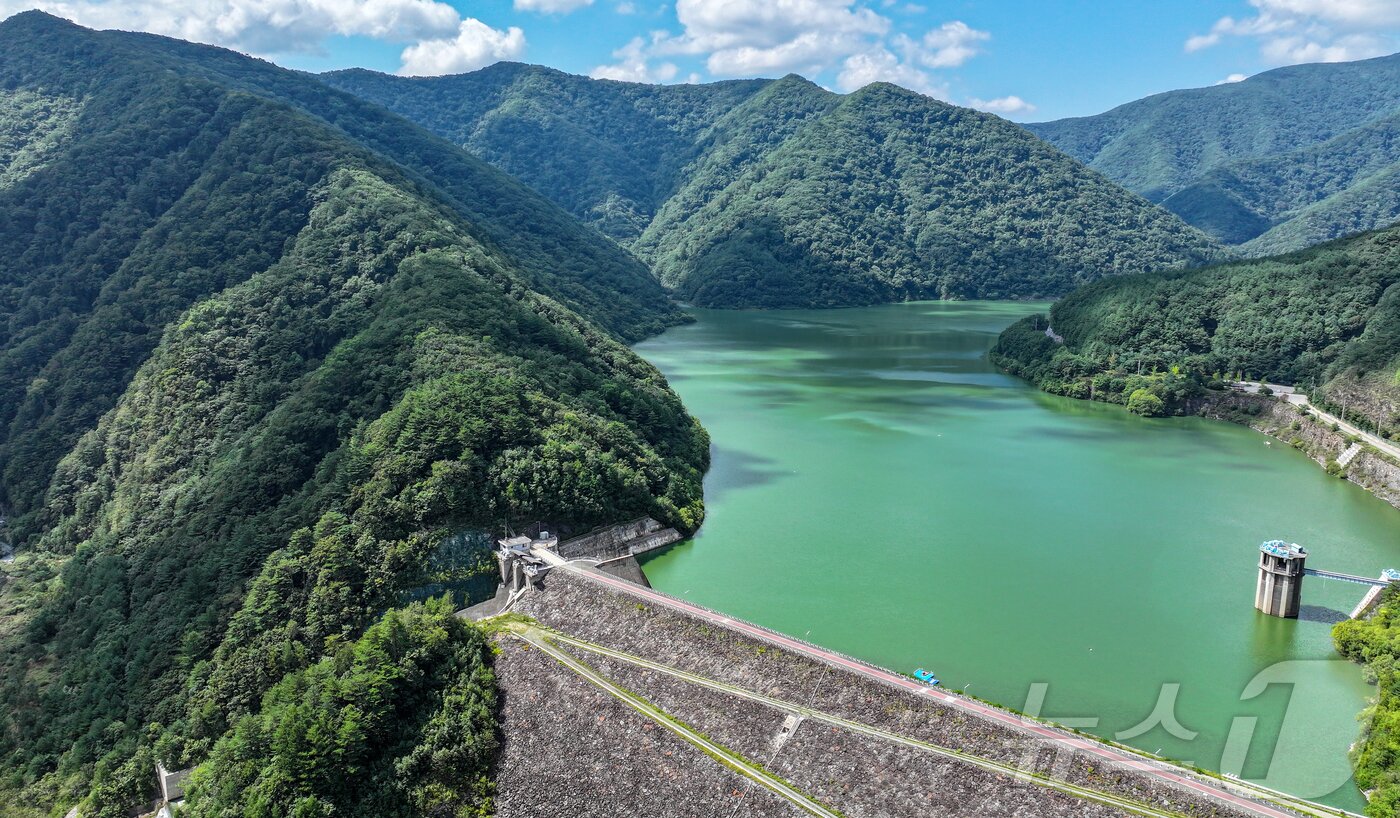 본문 이미지 - 10일 강원 평창군 대관령면 도암댐에 초록빛 물이 차 있다. 환경부와 강릉시가 가뭄 해소를 위해 도암댐 물을 비상 방류해 한시적으로 생활용수로 쓰기로 했다. 2025.9.10/뉴스1 ⓒ News1 김진환 기자