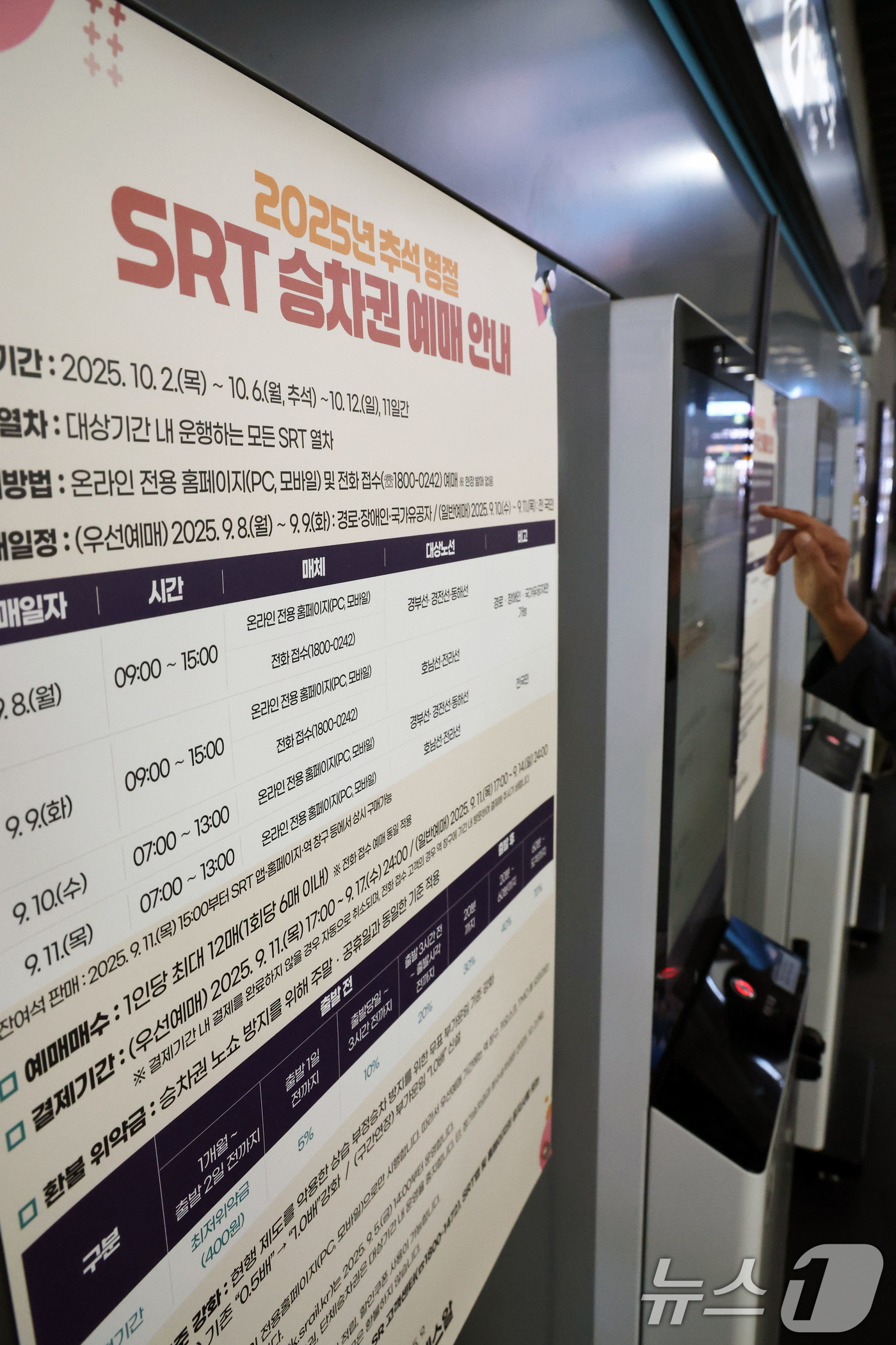 (서울=뉴스1) 이광호 기자 = 10일 서울 강남구 수서역에 2025년 추석 명절 SRT승차권 예매 안내문이 게시돼 있다.수서고속철도 운영사(SR)는 지난 8일 부터 9일 까지 교 …