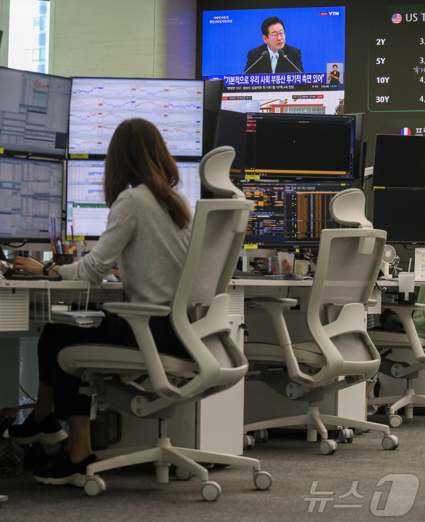 (서울=뉴스1) 심서현 기자 = 11일 오전 서울 중구 하나은행 딜링룸 모니터에 이재명 대통령 정부 출범 100일 기자회견 뉴스가 중계되고 있다. 이날 오전 코스피는 이틀 연속 최 …