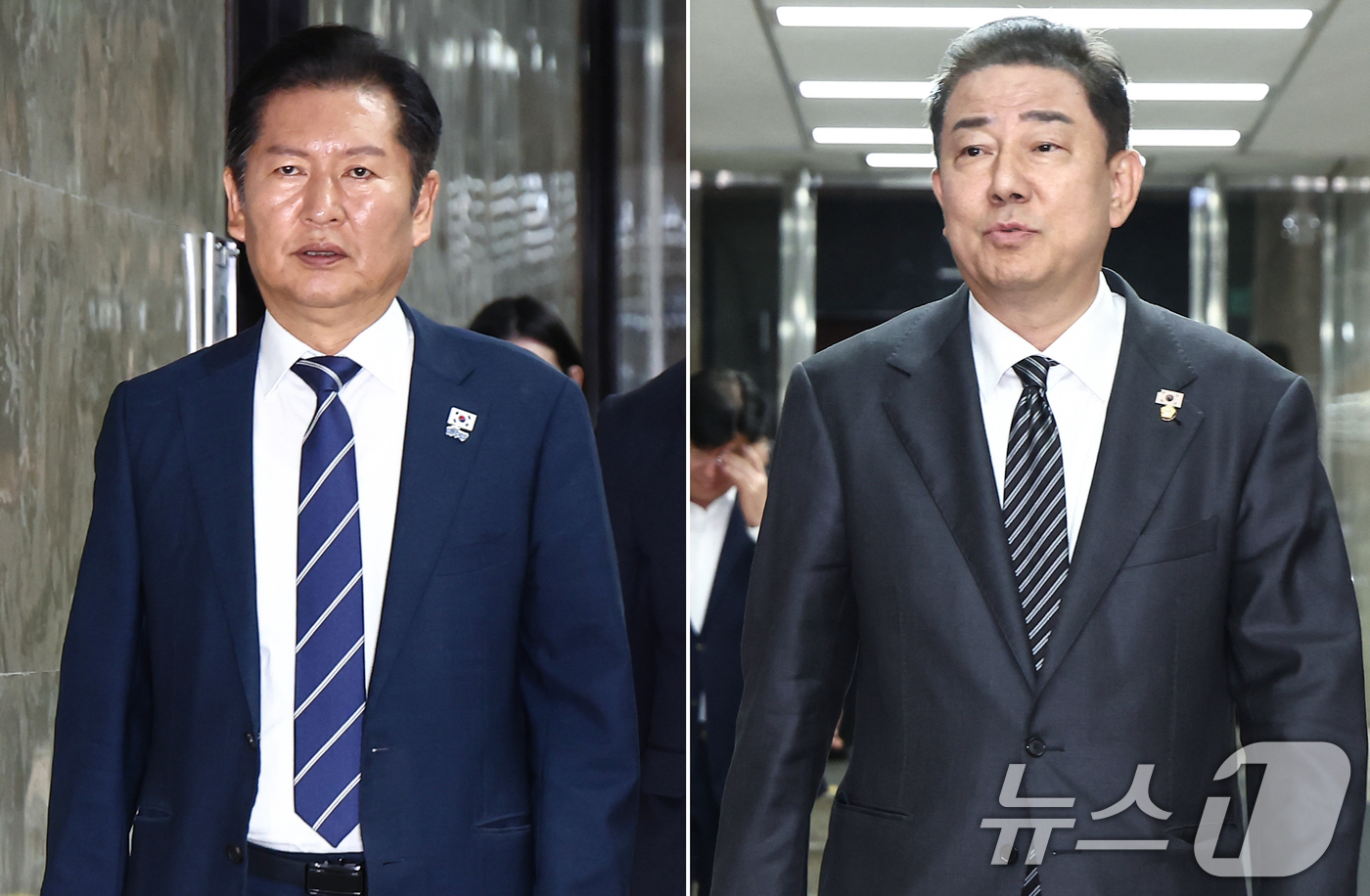 (서울=뉴스1) 김민지 기자 = 더불어민주당 정청래 대표(왼쪽)와 김병기 원내대표가 11일 서울 여의도 국회에서 각각 비공개 의원총회에 참석하고 있다. 2025.9.11/뉴스1