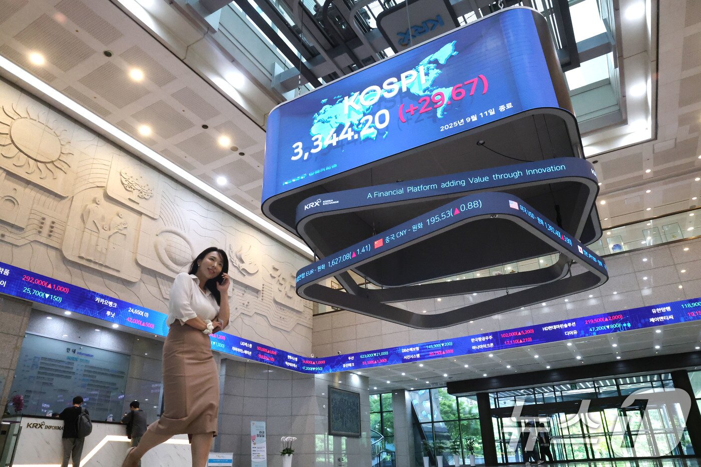 본문 이미지 - 코스피 지수가 종가 기준 최고치를 경신하며 마감한 11일 오후 서울 여의도 한국거래소 현황판에 전 거래일보다 29.67포인트&#40;0.90%&#41;상승한 3,344.20을 나타내고 있다. 2025.9.11/뉴스1 ⓒ News1 이광호 기자