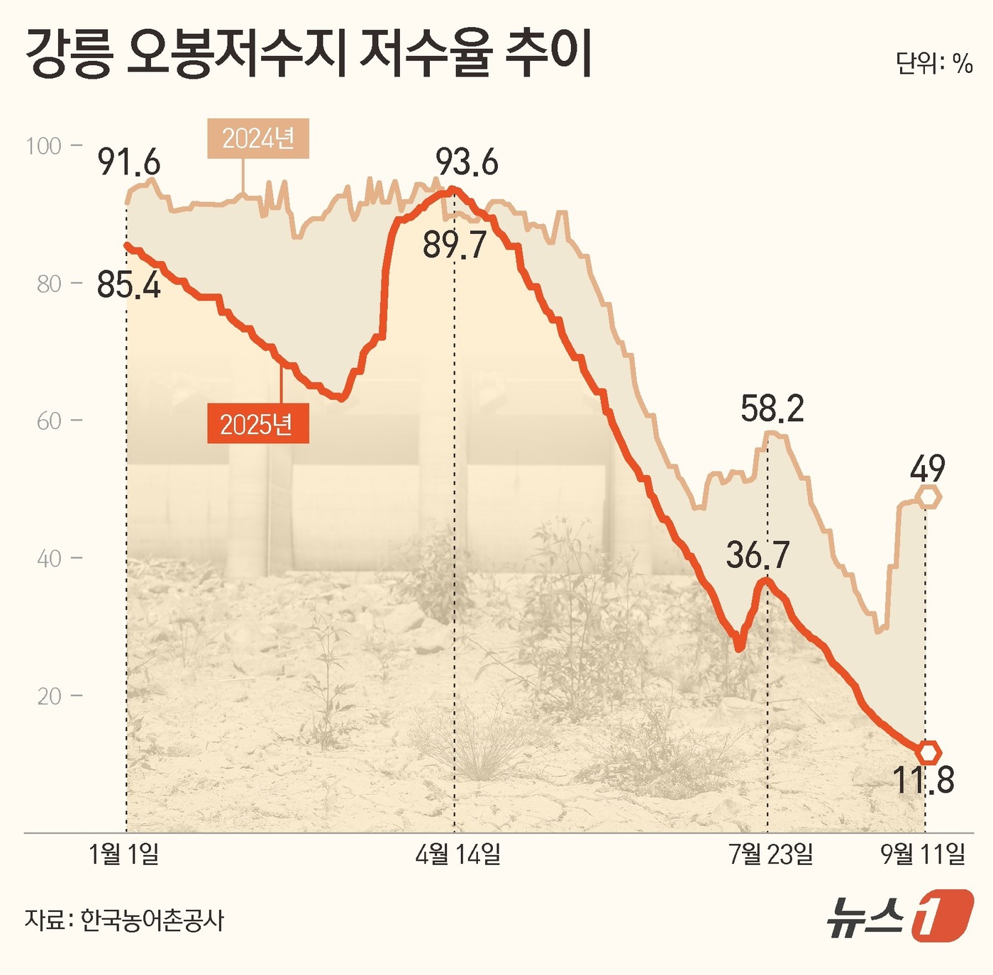 (서울=뉴스1) 김초희 디자이너 = 강원 강릉시가 극한 가뭄에 시달리는 가운데, 시내 주요 상수원인 오봉저수지의 저수율이 또 역대 최저치로 기록됐다. 11일 한국농어촌공사에 따르면 …