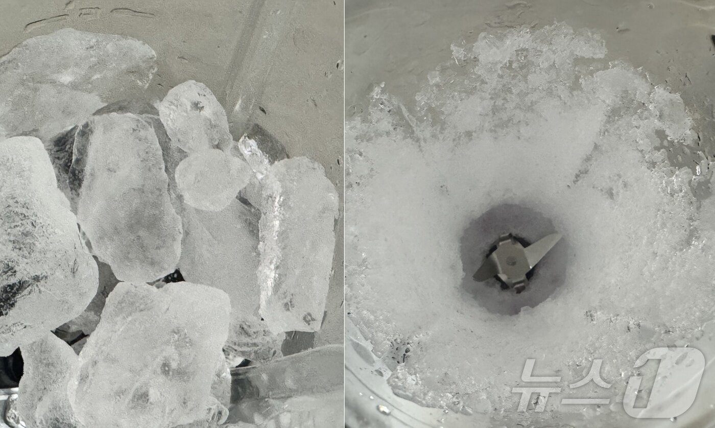 본문 이미지 - 테팔의 슬림핏 초고속 블렌더 &#39;블렌드업&#39;으로 얼음을 분쇄한 모습. ⓒ News1 이민주 기자