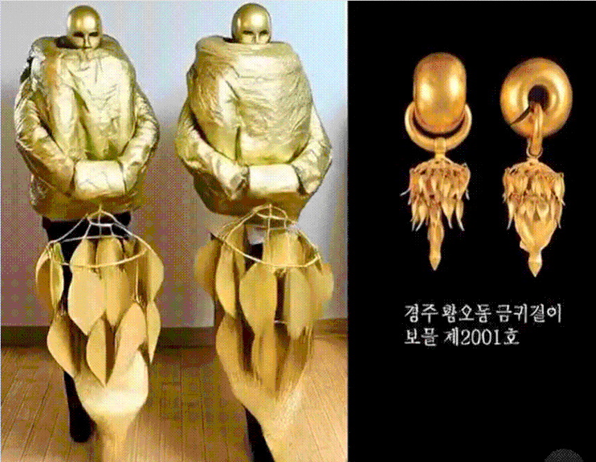 본문 이미지 - 경주 황오동 금귀걸이를 묘사한 &#39;2025 국중박 분장대회&#39; 참가자 모습&#40;사회관계망서비스 갈무리&#41;