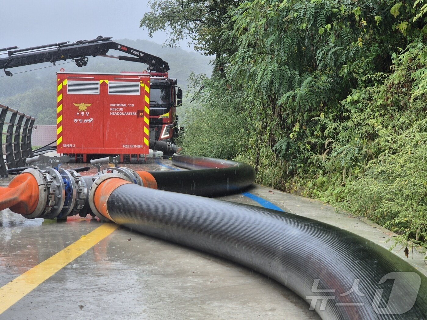 본문 이미지 - 극심한 가뭄을 겪고 있는 강원 강릉지역에 많은 비가 내린 13일 오전 비로 물살이 거세지며 소방 대용량포 방사 작업이 잠시 멈춰선 모습. 2025.9.13/뉴스1 ⓒ News1 윤왕근 기자