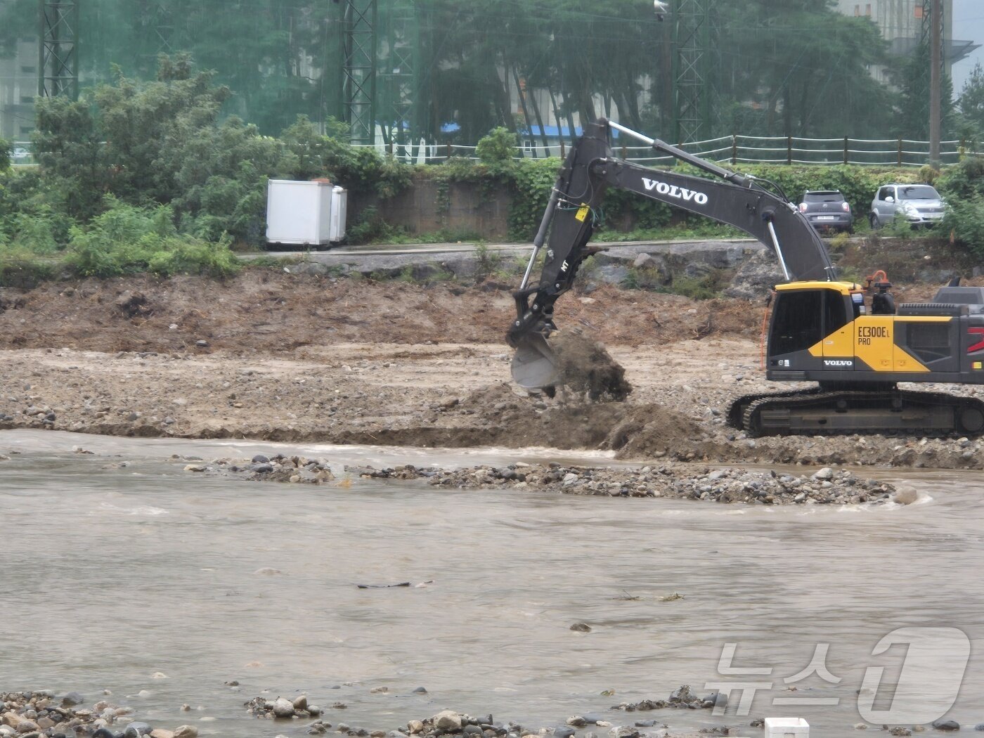 본문 이미지 - 극심한 가뭄을 겪고 있는 강원 강릉지역에 많은 비가 내린 13일 오전 홍제동 남대천 임시취수장에 물이 불어난 모습. 2025.9.13/뉴스1 ⓒ News1 윤왕근 기자