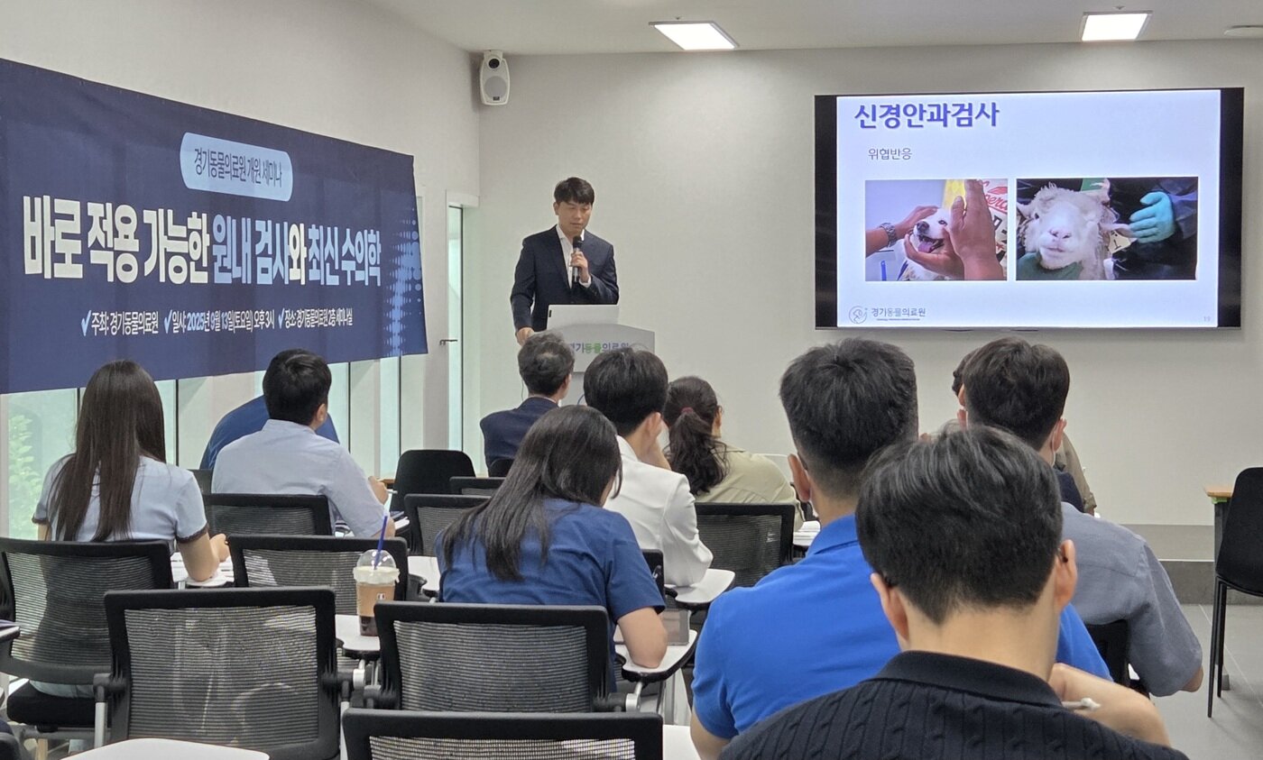 본문 이미지 - 이의리 경기동물의료원 안과 원장이 13일 개원 세미나에서 &#39;가치를 창출하는 안과검사&#39;를 주제로 발표하고 있다. ⓒ 뉴스1 한송아 기자