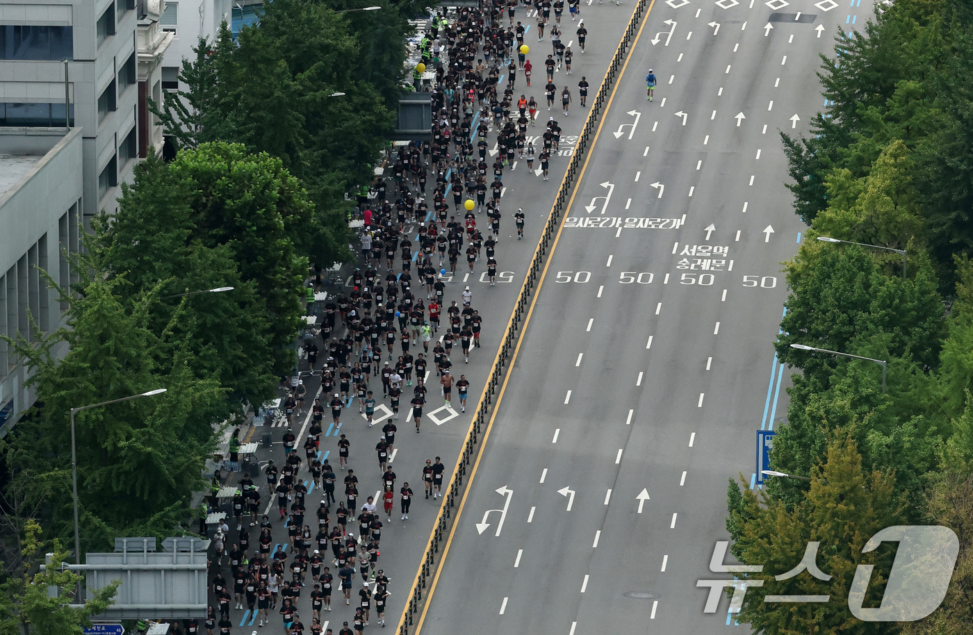 (서울=뉴스1) 박세연 기자 = 14일 오전 2025 마블런 서울 참가자들이  서울 중구 남대문로를 달리고 있다.서울광장에서 출발한 2025 마블런은 하프코스와 10k코스로 만오천 …