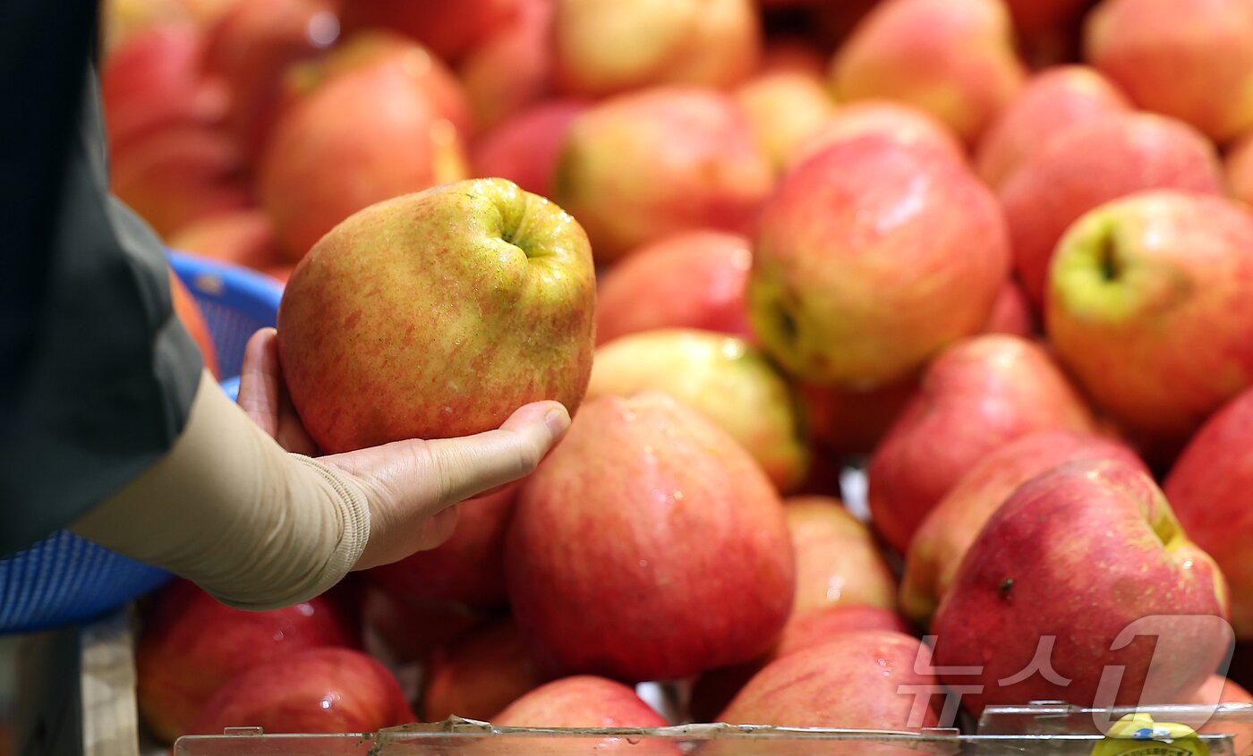본문 이미지 - 14일 서울 동대문구 청량리 전통시장을 찾은 시민이 사과를 구매하고 있다. 2025.9.14/뉴스1 ⓒ News1 김진환 기자