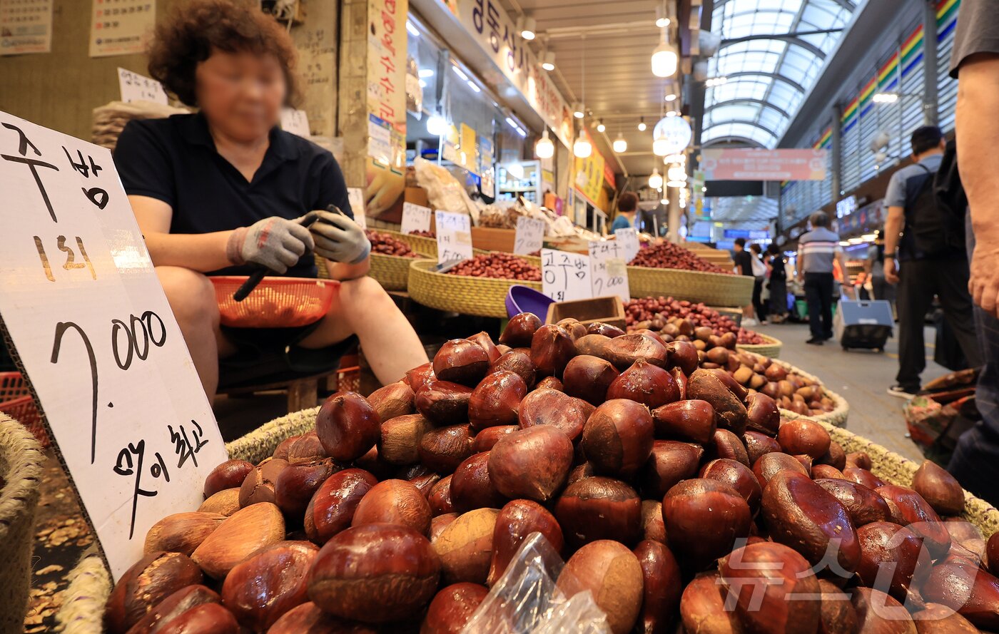 본문 이미지 - 14일 서울 동대문구 청량리 전통시장에 밤이 진열되어 있다. 2025.9.14/뉴스1 ⓒ News1 김진환 기자