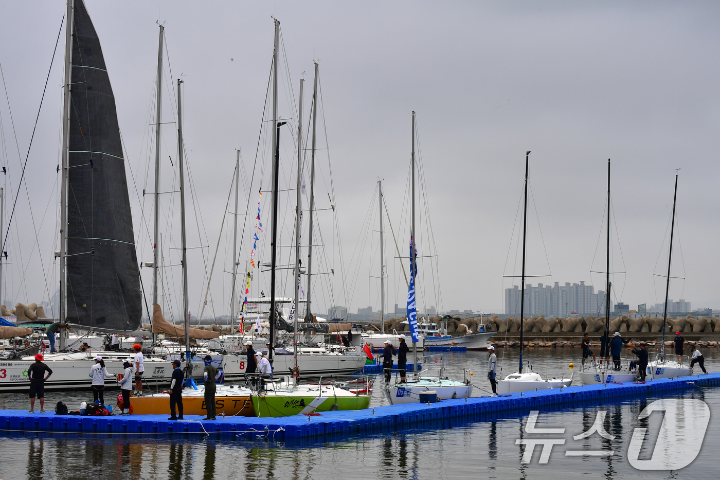 (포항=뉴스1) 최창호 기자 = '2025 환동해컵 및 원동컵 국제요트대회'에 출전한 선수들이 14일 경북 포항시 북구 영일대해수욕장에서 항해 장비를 점검하고 있다.  2025.9 …