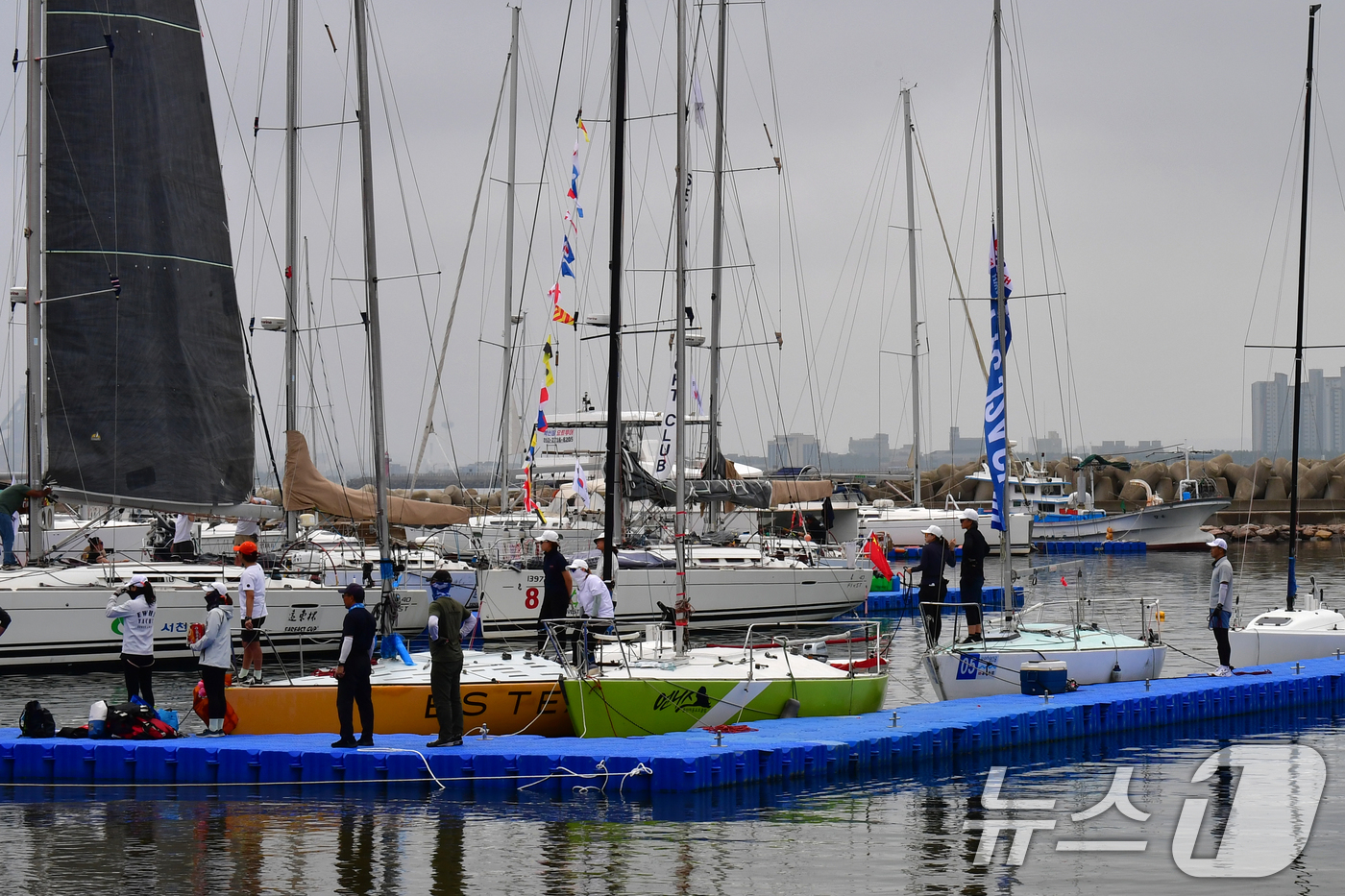 (포항=뉴스1) 최창호 기자 = '2025 환동해컵 및 원동컵 국제요트대회'에 출전한 선수들이 14일 경북 포항시 북구 영일대해수욕장에서 항해 장비를 점검하고 있다. 2025.9. …